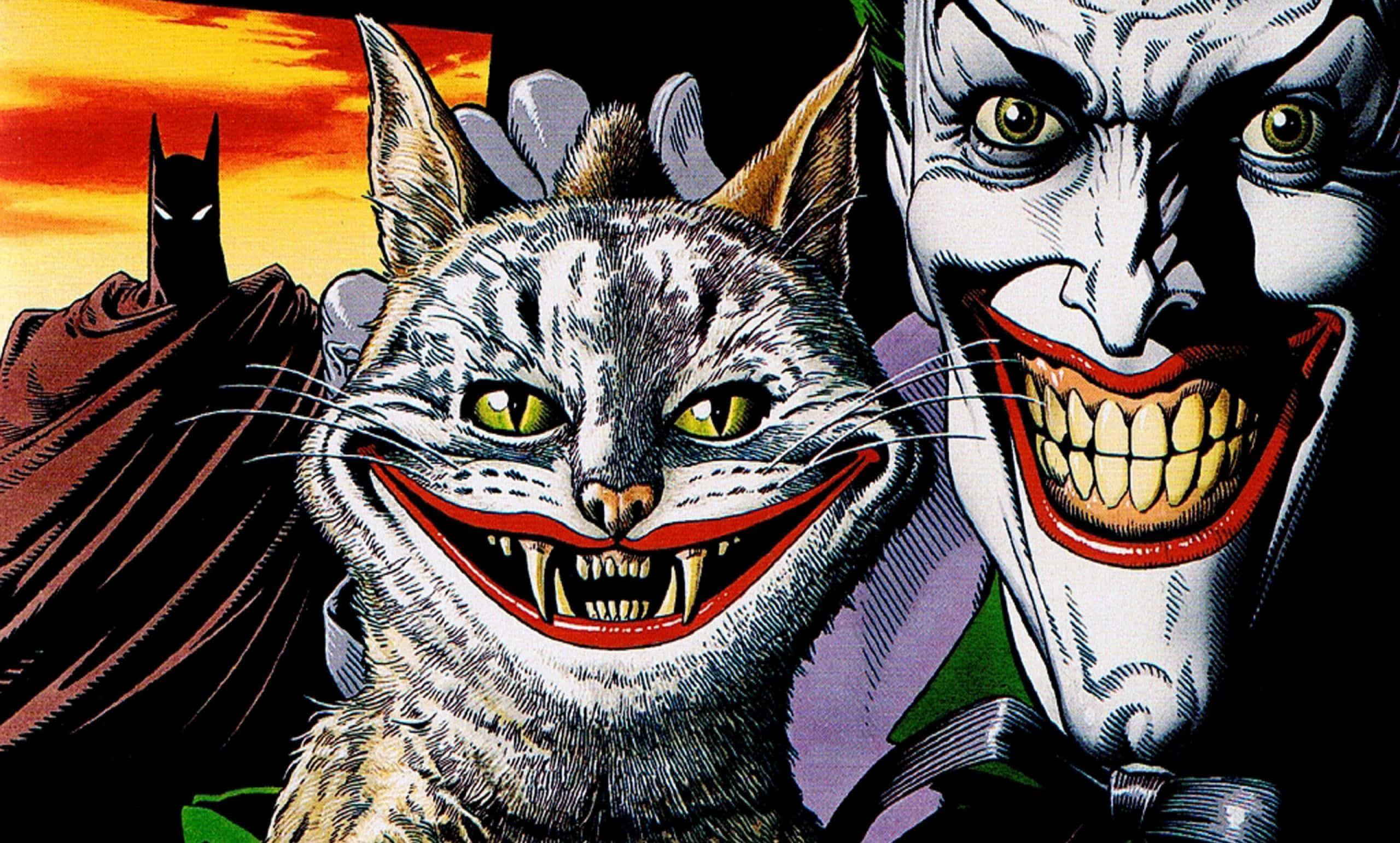 Joker Comic 桌布 壁紙 — 一隻帶有小丑般笑容的威脅性貓咪，站在蝙蝠俠與小丑之間，背景是火紅的日落天空。