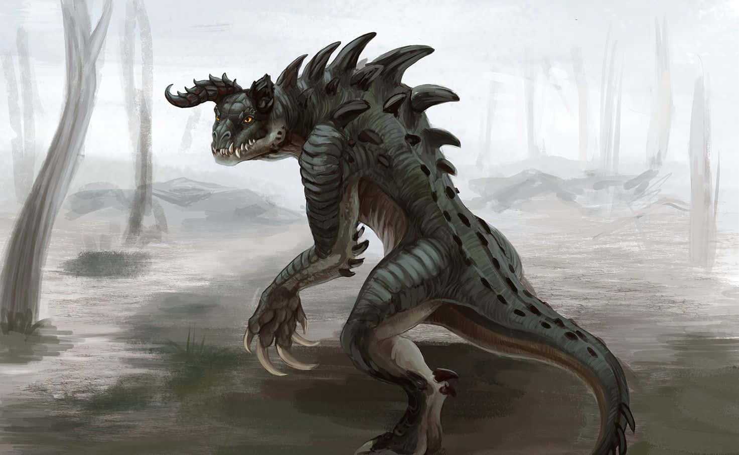 Deathclaw 桌布 壁紙 — 一隻帶有尖刺、眼睛發光的威嚇性巨龍在陰天的迷霧森林中徘徊。
