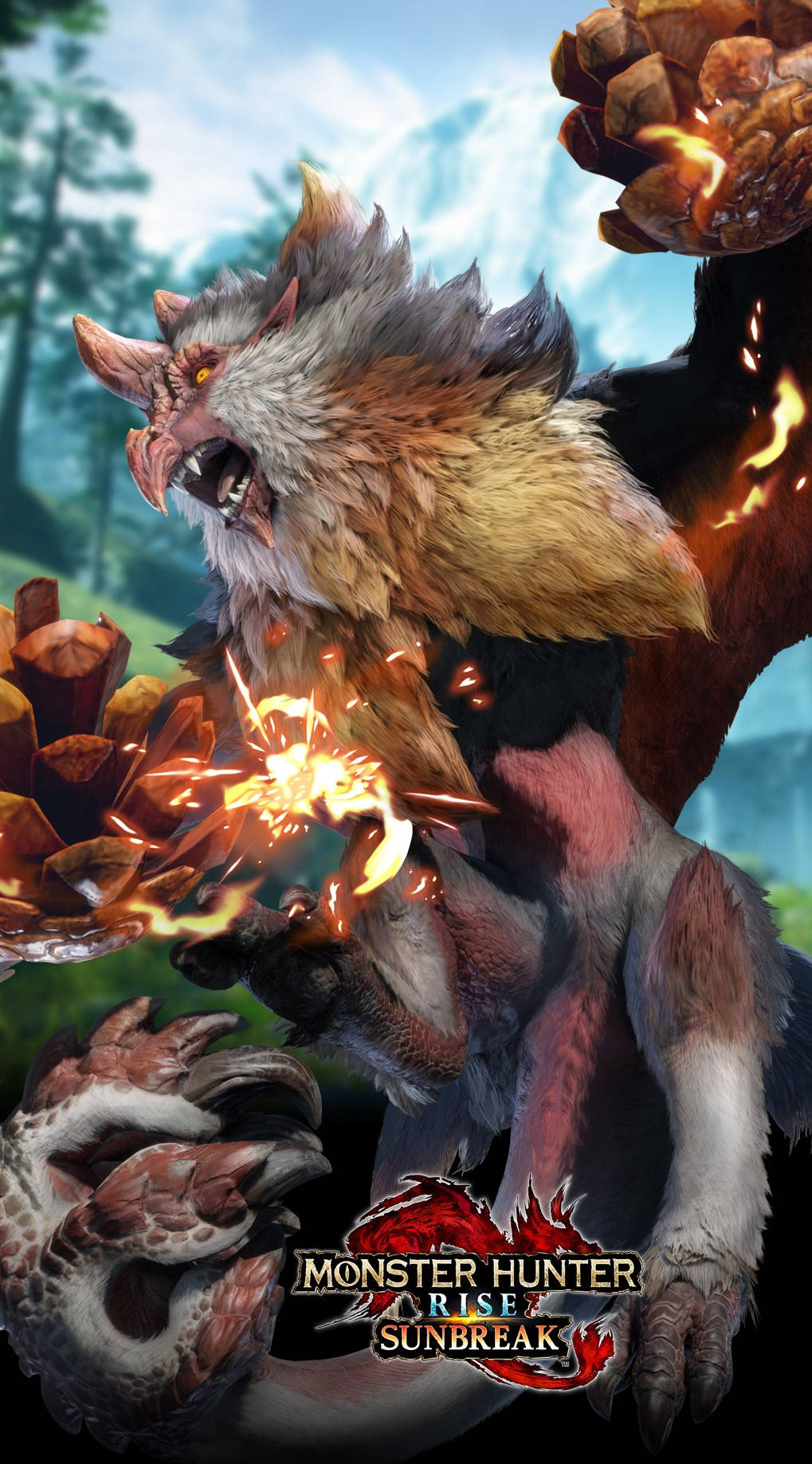 Monster Hunter Rise 桌布 壁紙 — 一隻帶有尖刺毛髮和發光眼睛的火焰怪物在森林中咆哮並砸碎松果。