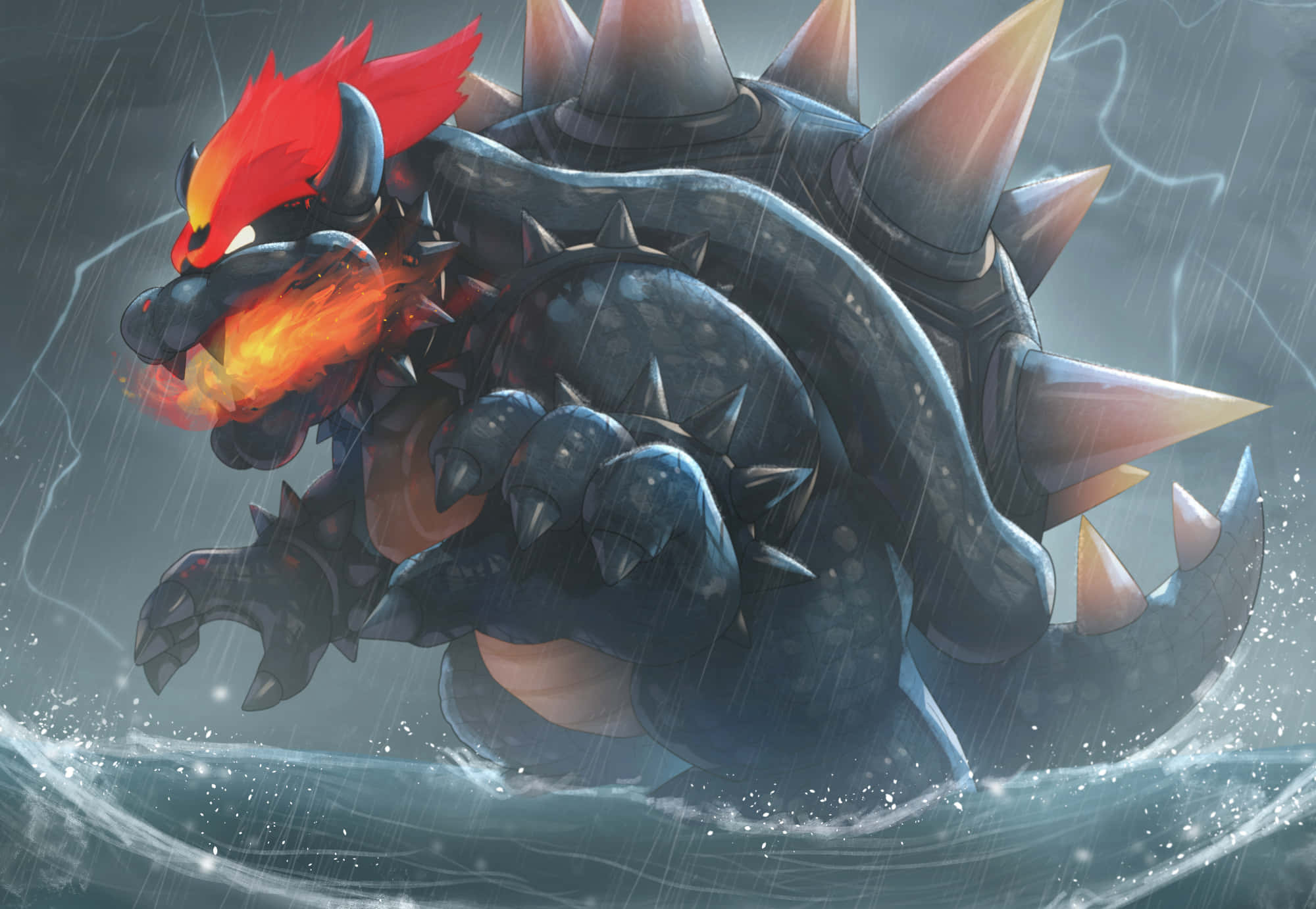 bowser 桌布 壁紙 — 一隻帶有尖刺的火焰巨龍在雷電交加的暴風雨中咆哮，閃電在其裝甲身體周圍劈啪作響。