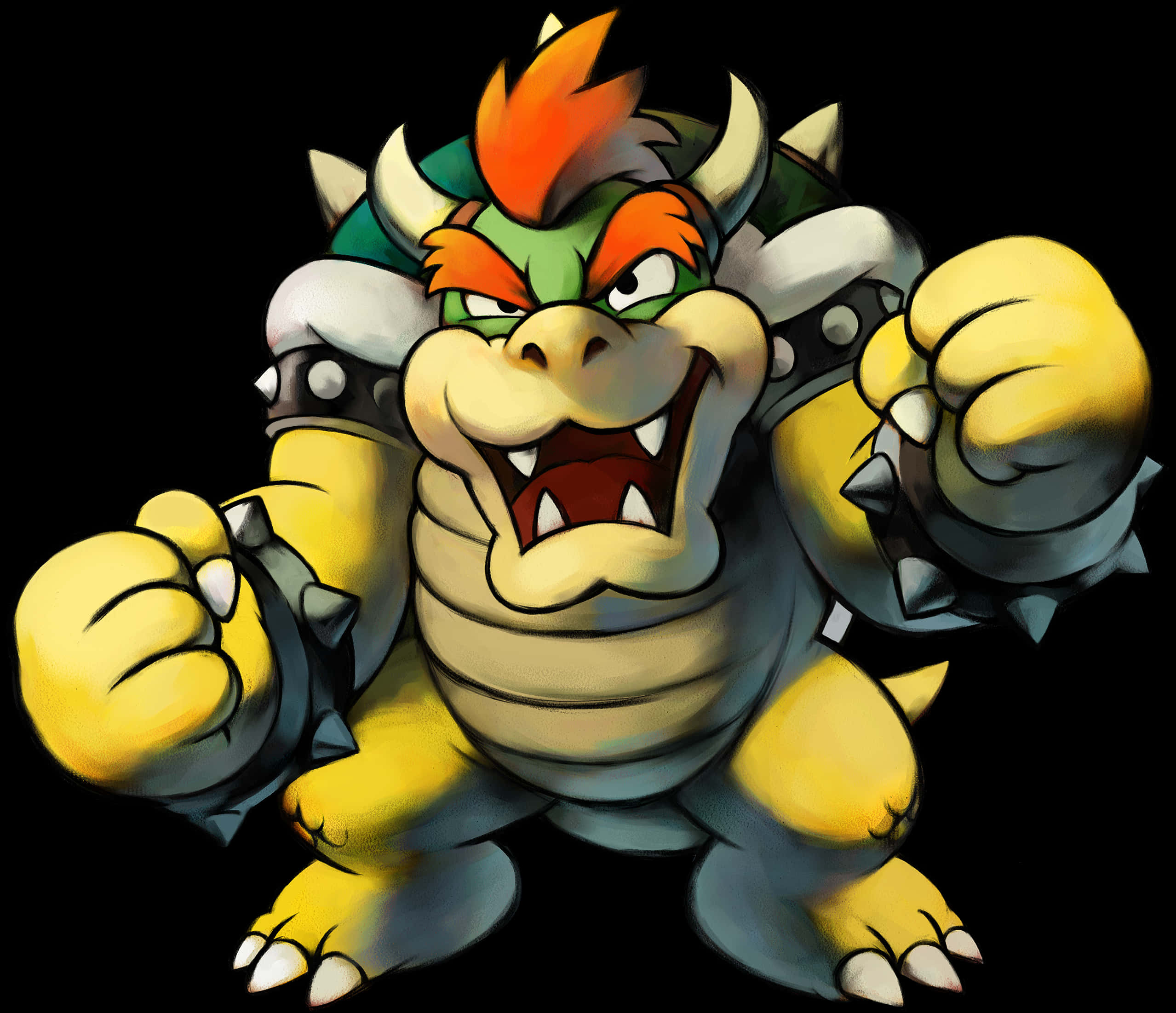 bowser 桌布 壁紙 — 一隻帶有尖刺盔甲和火橙色頭髮的威脅性卡通龍在黑色背景上兇猛地咆哮。