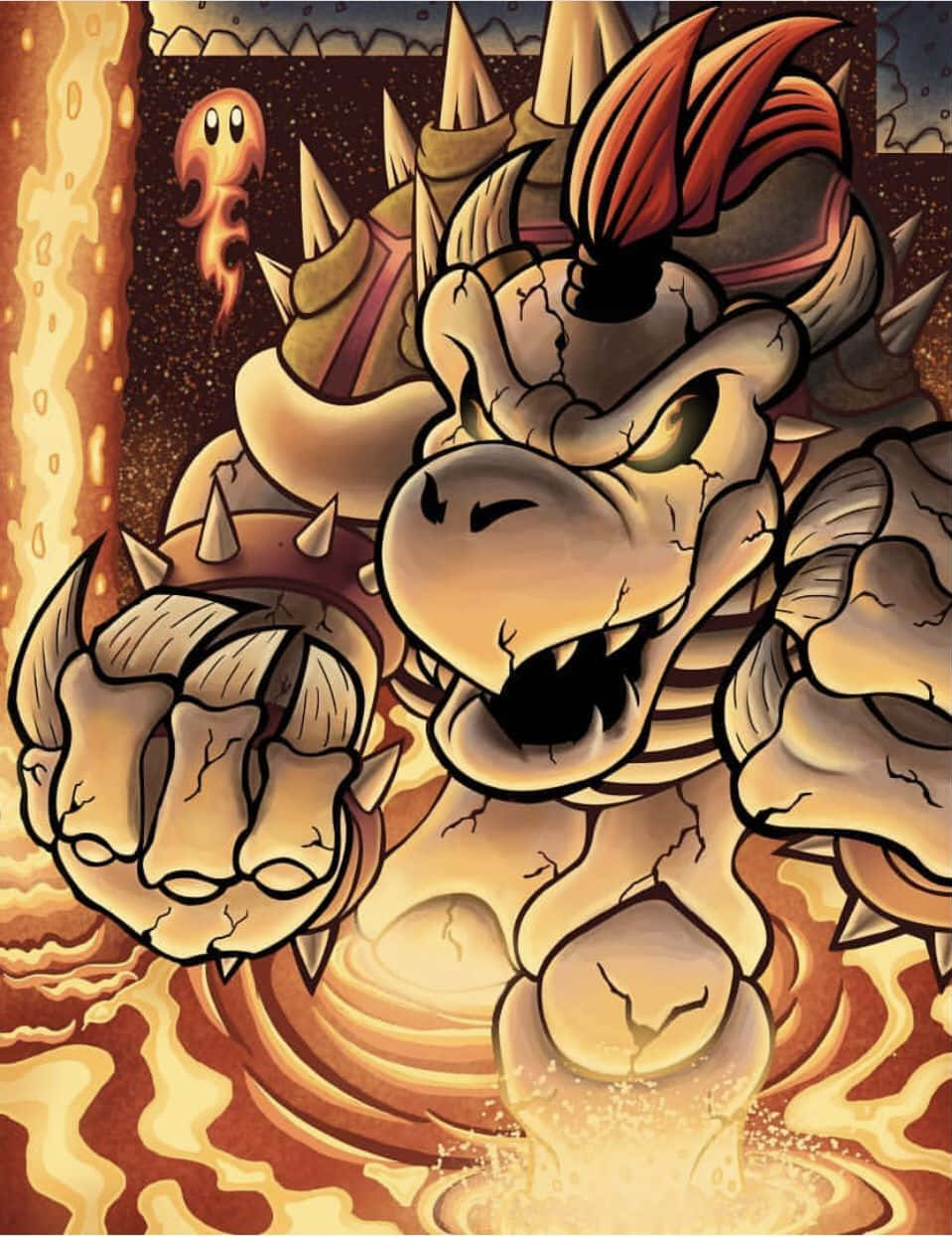 bowser 桌布 壁紙 — 一隻帶有尖刺盔甲和火紅鬃毛的威脅性卡通龍在旋轉的熔岩和漂浮的幽靈中咆哮。