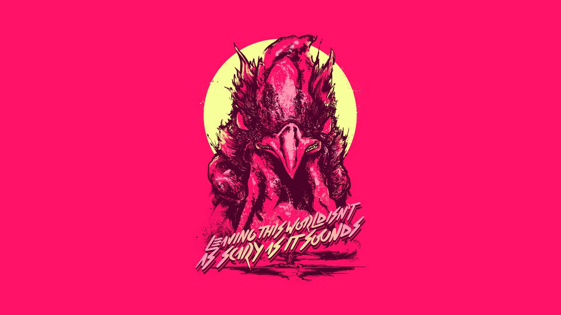 Hotline Miami 桌布 壁紙 — 一隻帶有尖刺羽毛的兇猛粉紅色雞頭怪物，在鮮豔的粉紅色背景上，襯托著黃色的太陽。