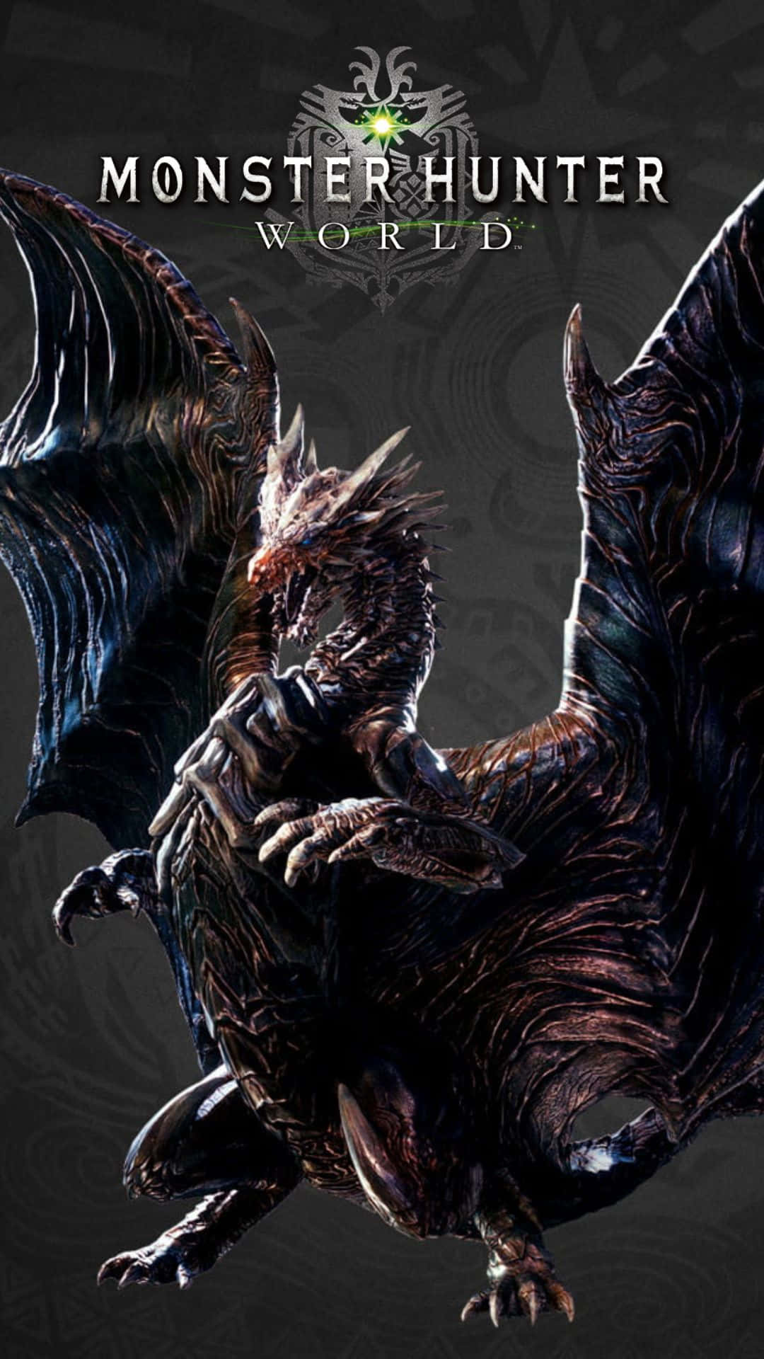 Android Monster Hunter World 桌布 壁紙 — 一隻帶有尖刺翅膀和發光綠色眼睛的威脅性黑暗巨龍，聳立在紋理灰色背景前。