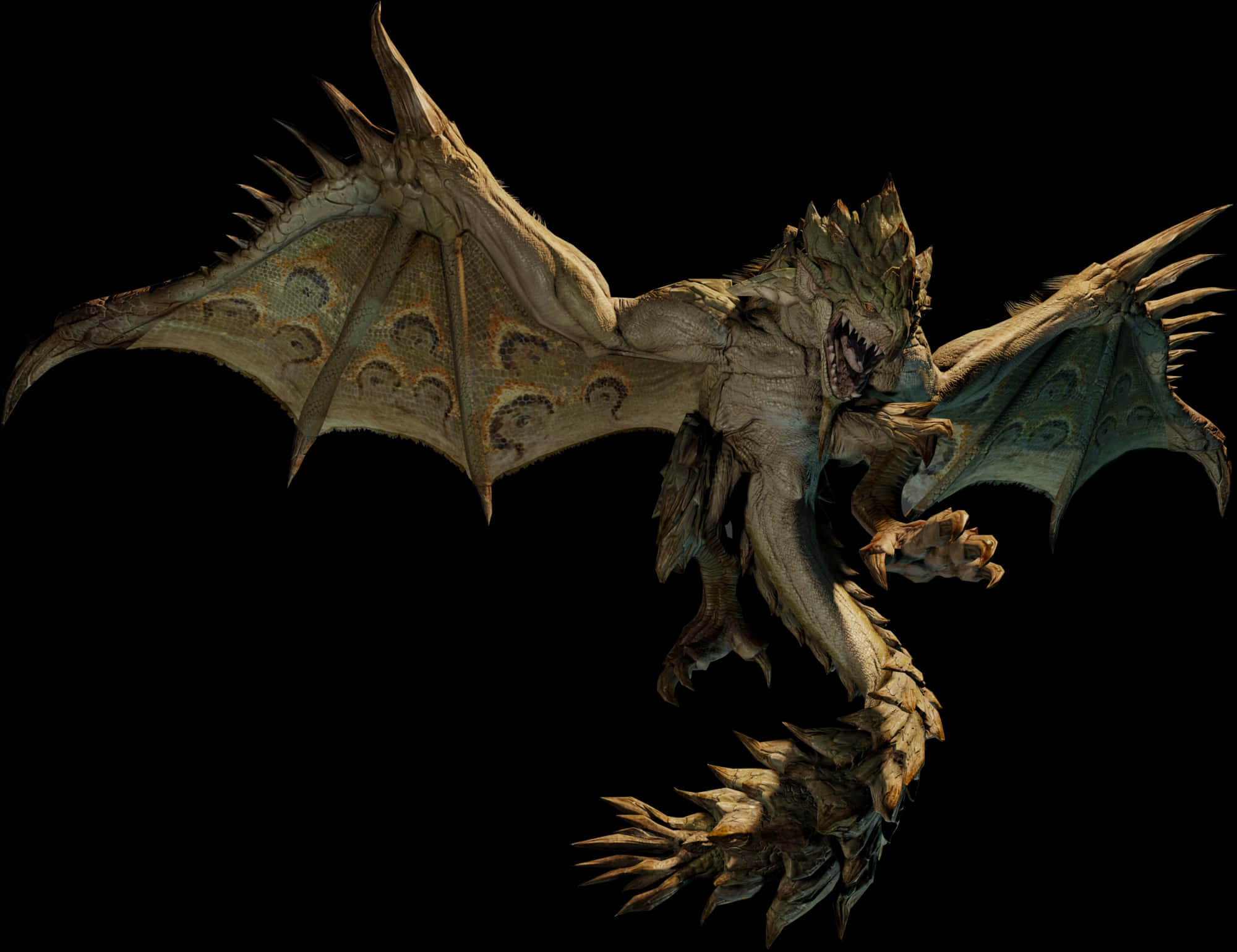 Creature 桌布 壁紙 — 一隻帶有尖刺翅膀和華麗圖案、充滿威脅性的龍，對著黑色虛空咆哮。