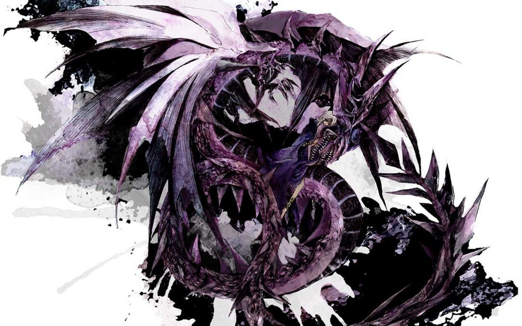 Yugioh Dragons 桌布 壁紙 — 一隻帶有尖刺翅膀和鋒利牙齒的兇猛紫色龍，在帶有墨水飛濺的純白色背景上動態盤繞。
