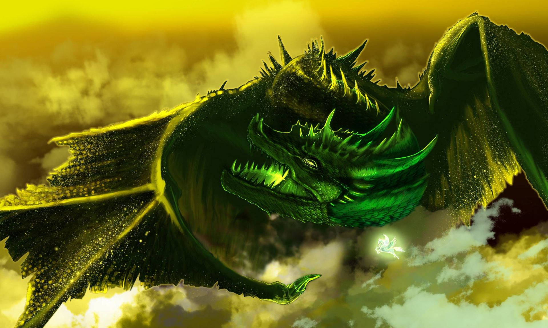 Earth Dragon 桌布 壁紙 — 一隻帶有尖刺翅膀的威嚇性綠色巨龍，在充滿雲朵的金黃色天空中翱翔。