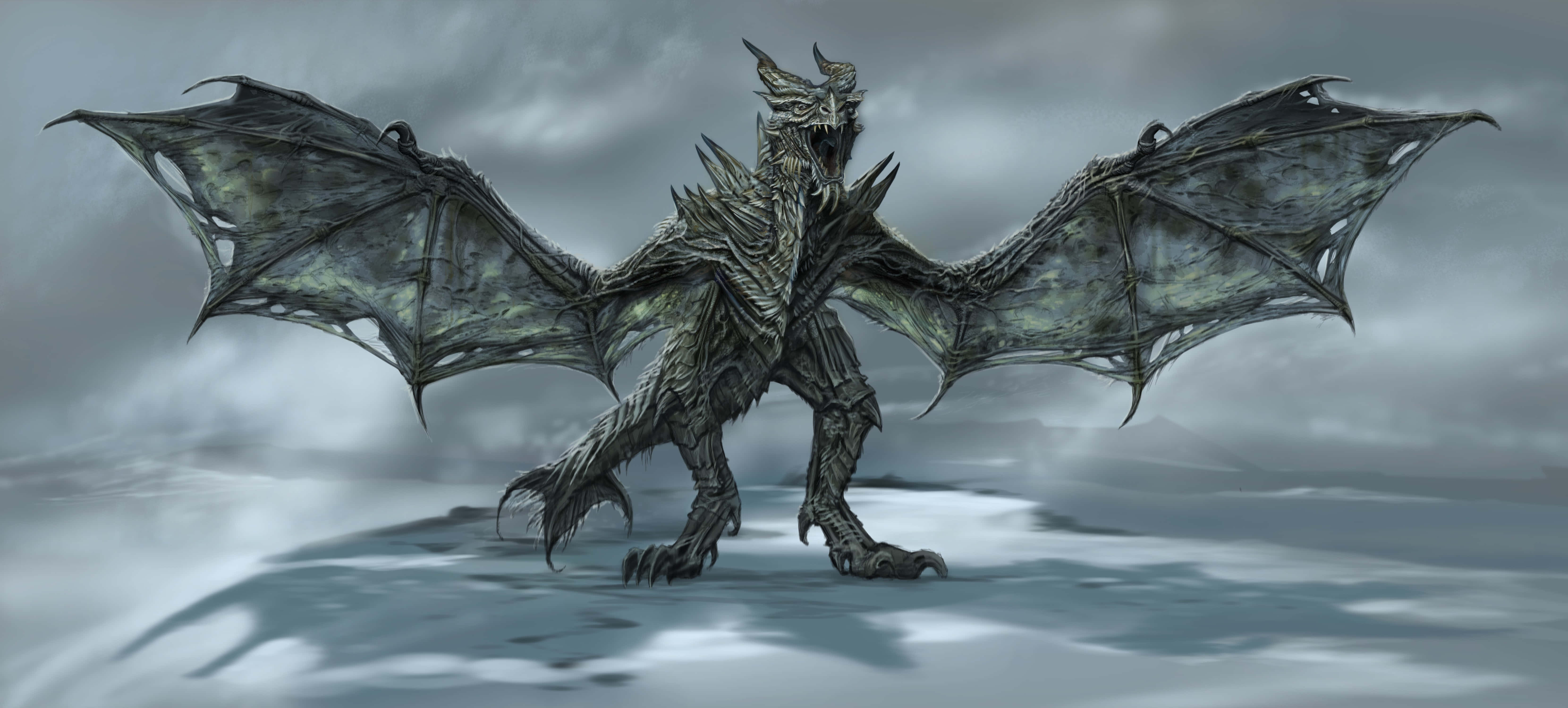 Skyrim Paarthurnax 桌布 壁紙 — 一隻帶有尖刺翅膀的威脅性金屬龍，站在風暴灰色天空下的雪原上。
