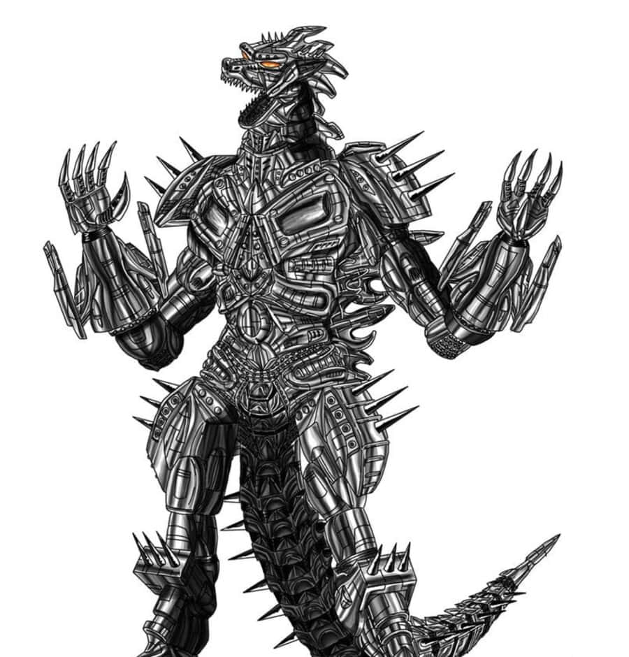 Robot Godzilla 桌布 壁紙 — 一隻帶有尖刺裝甲和發光橙色眼睛的威脅性機械哥吉拉，在純白色背景前以全細節站立。