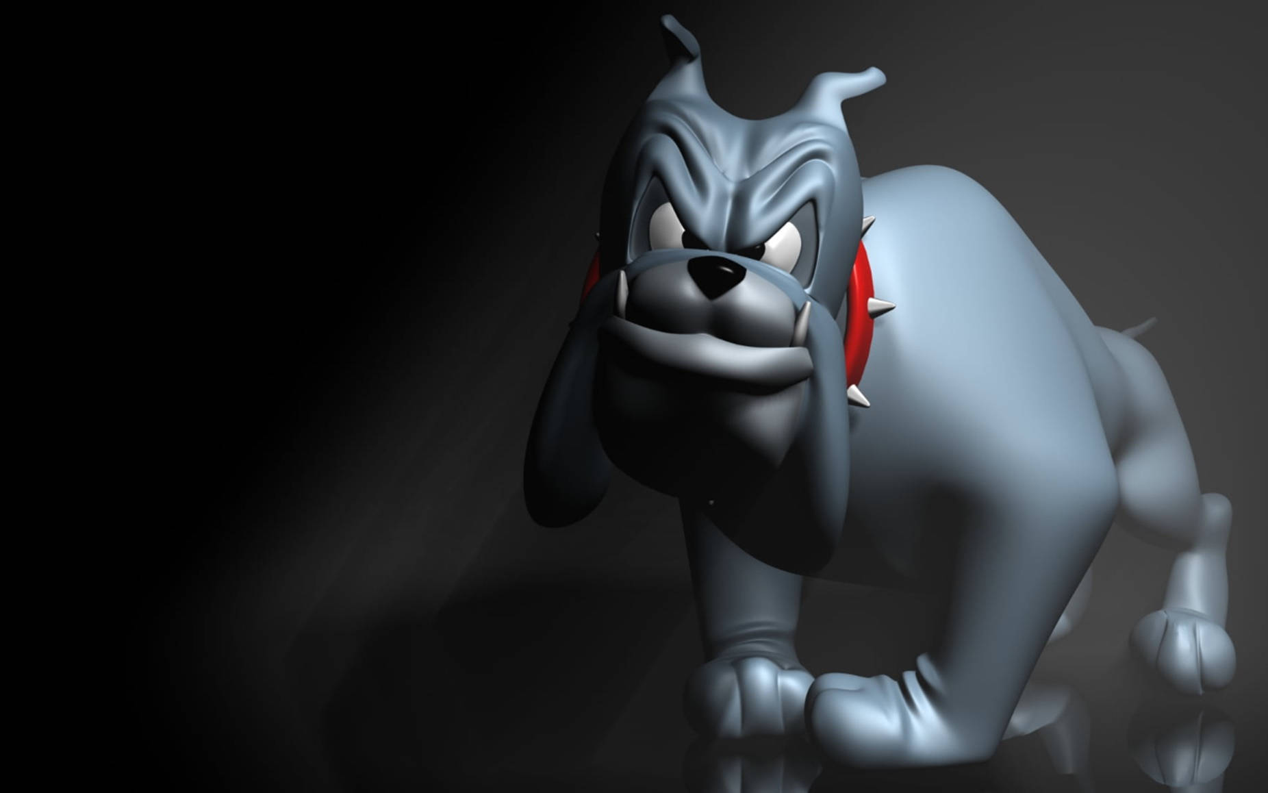 Animated 桌布 壁紙 — 一隻帶有尖刺項圈的威嚇3D渲染鬥牛犬在黑暗背景下的戲劇性聚光燈下怒視。