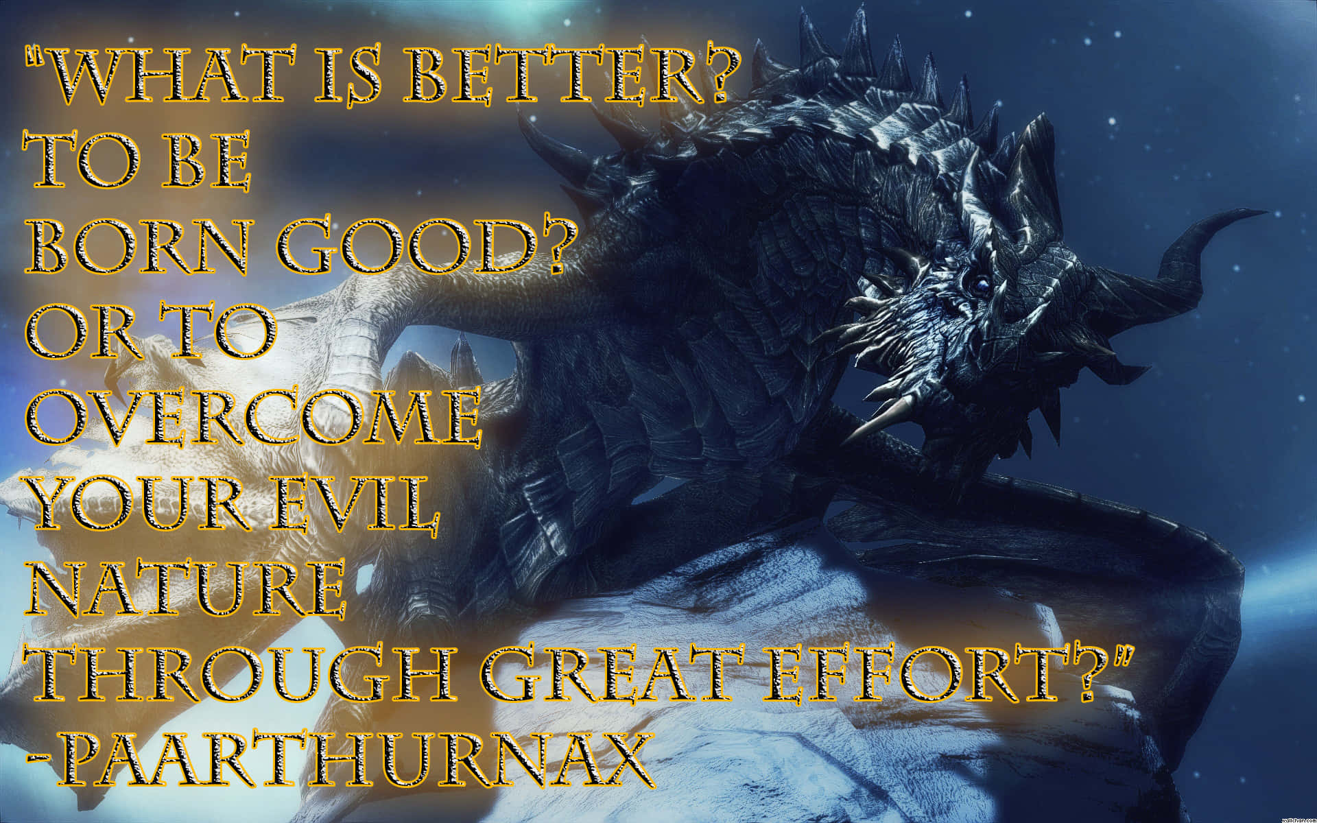 Skyrim Paarthurnax 桌布 壁紙 — 一隻帶有尖刺鱗片和發光眼睛的威嚇黑色巨龍，棲息在白雪覆蓋的懸崖上，背景是繁星點點的夜空，並帶有金色文字疊加。