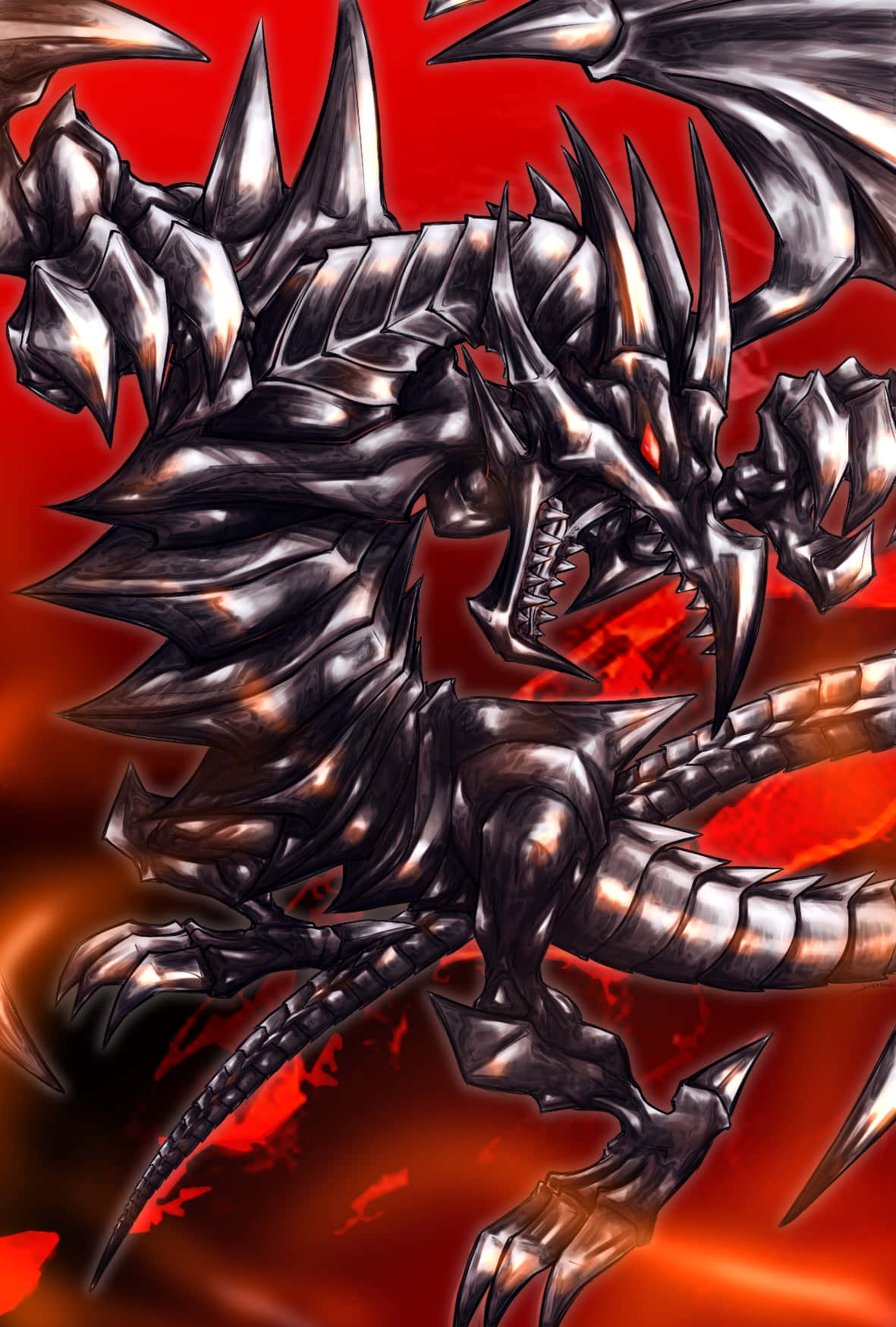 Yugioh Dragons 桌布 壁紙 — 一隻帶有尖刺鱗片和發光紅眼的威脅性金屬龍，在火紅的背景下咆哮。