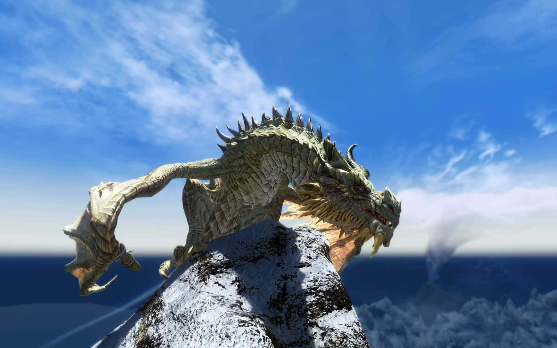 Skyrim Paarthurnax 桌布 壁紙 — 一隻帶有尖刺鱗片的雄偉綠色巨龍棲息在白雪覆蓋的山頂上，俯瞰著蔚藍天空下的廣闊海洋。