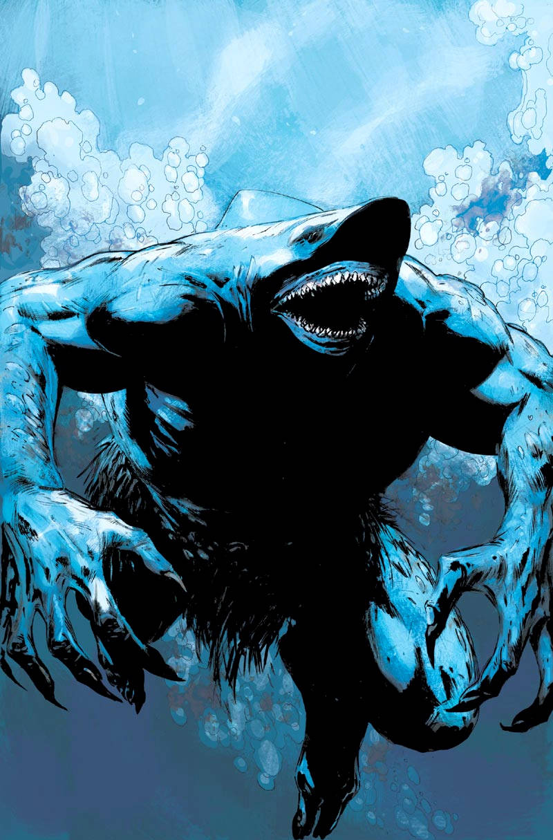 King Shark 桌布 壁紙 — 一隻帶有尖牙利爪、兇猛的藍色人形鯊魚，穿過冒泡的水向上猛衝。