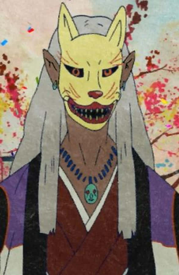 動漫男孩 桌布 壁紙 — 一隻帶有尖牙和紅眼睛的威脅性黃色狐狸精靈，穿著紫色和棕色的長袍，背景是濺開的櫻花。