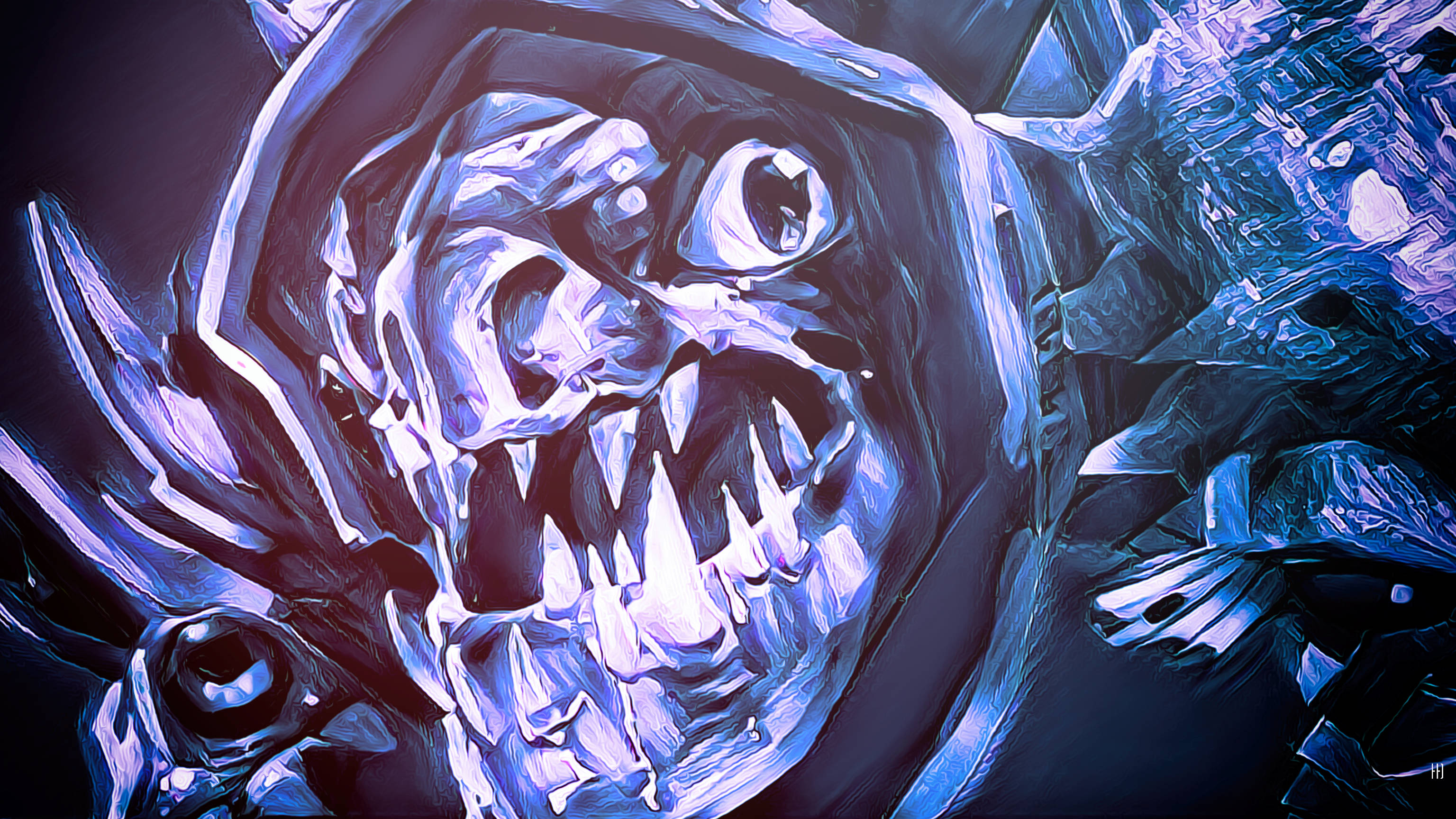 dota 2 4K 桌布 壁紙 — 一隻帶有尖銳牙齒和發光眼睛的威脅性藍色和紫色數位藝術怪物，以黑暗抽象風格咆哮。