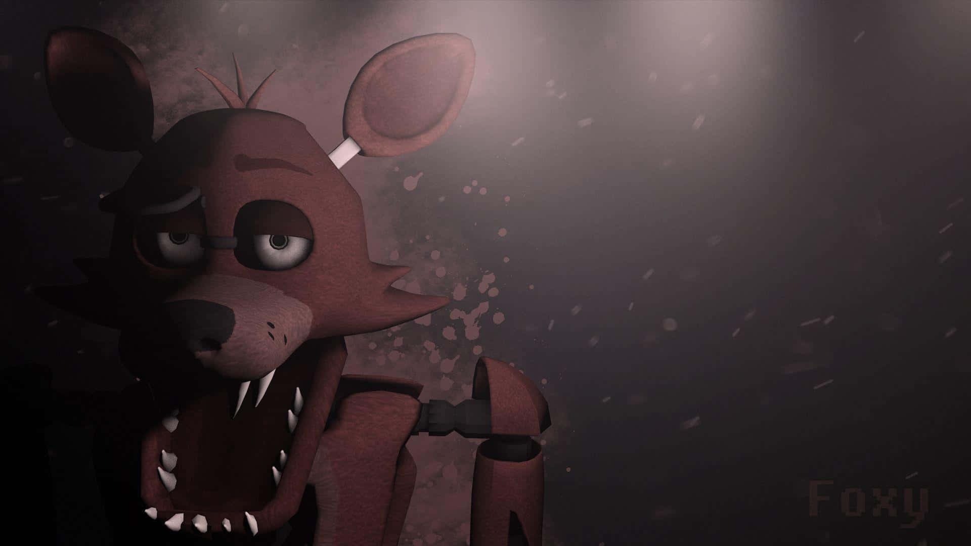Foxy 桌布 壁紙 — 一隻帶有尖銳牙齒和發光眼睛的威脅性電子動畫狐狸，在聚光燈下的黑暗、充滿粒子的舞台上凝視。
