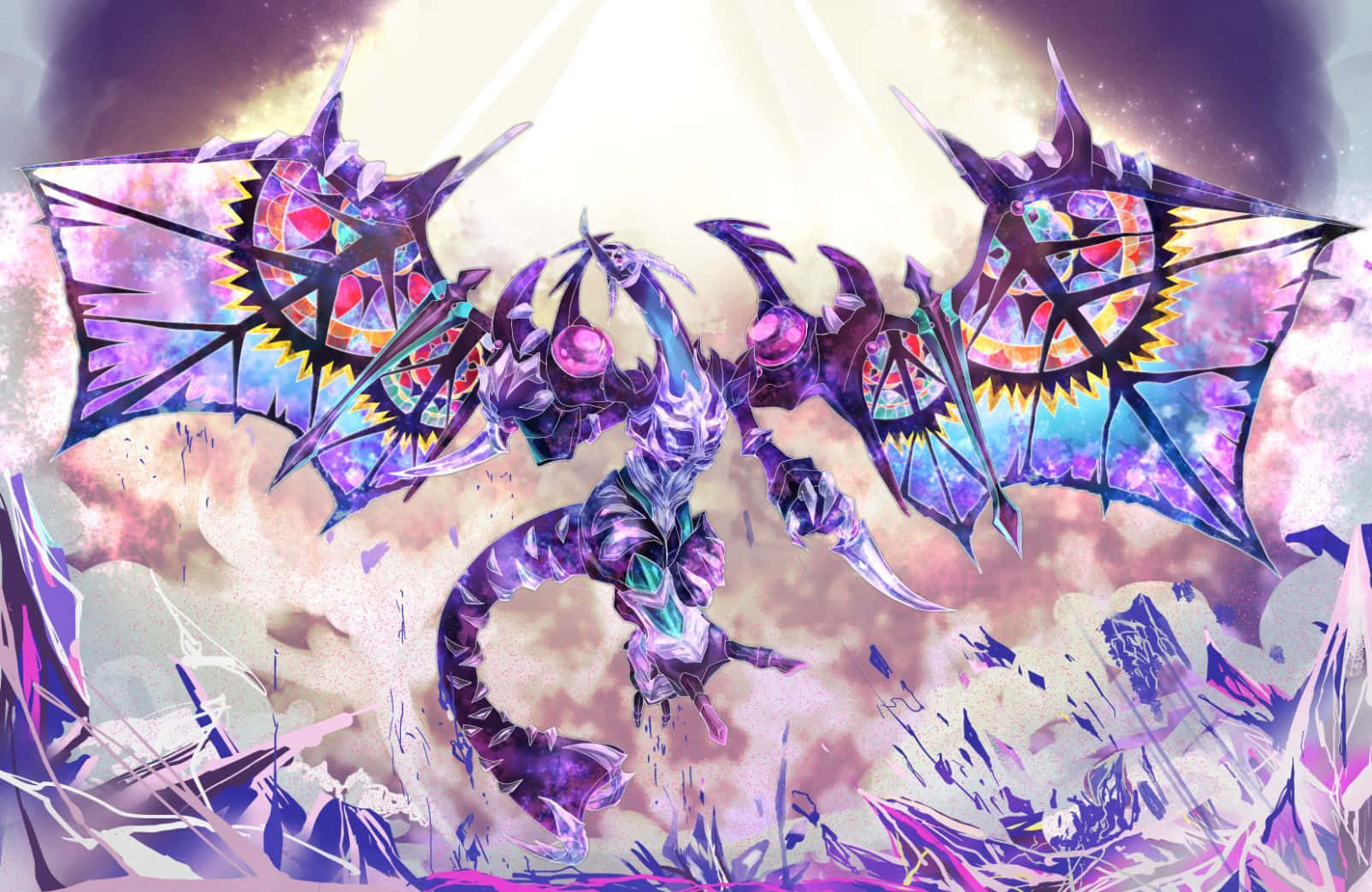 Yugioh Dragons 桌布 壁紙 — 一隻帶有彩繪玻璃翅膀的雄偉紫色巨龍在宇宙天空中翱翔，周圍環繞著破碎的水晶碎片。