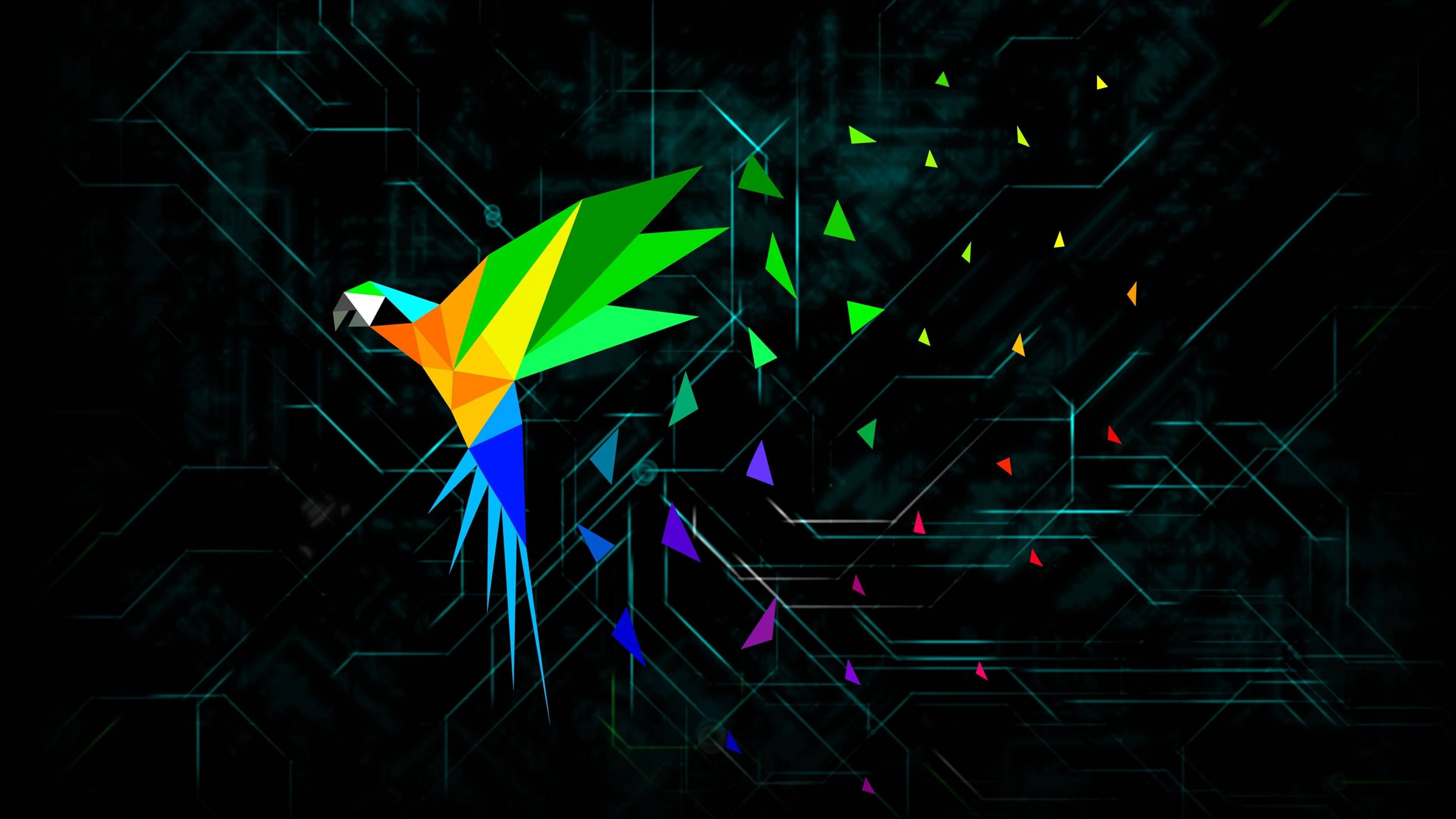 parrot 桌布 壁紙 — 一隻帶有彩虹切面的鮮豔幾何鸚鵡飛過黑暗的數位電路背景，散落著色彩繽紛的三角形。