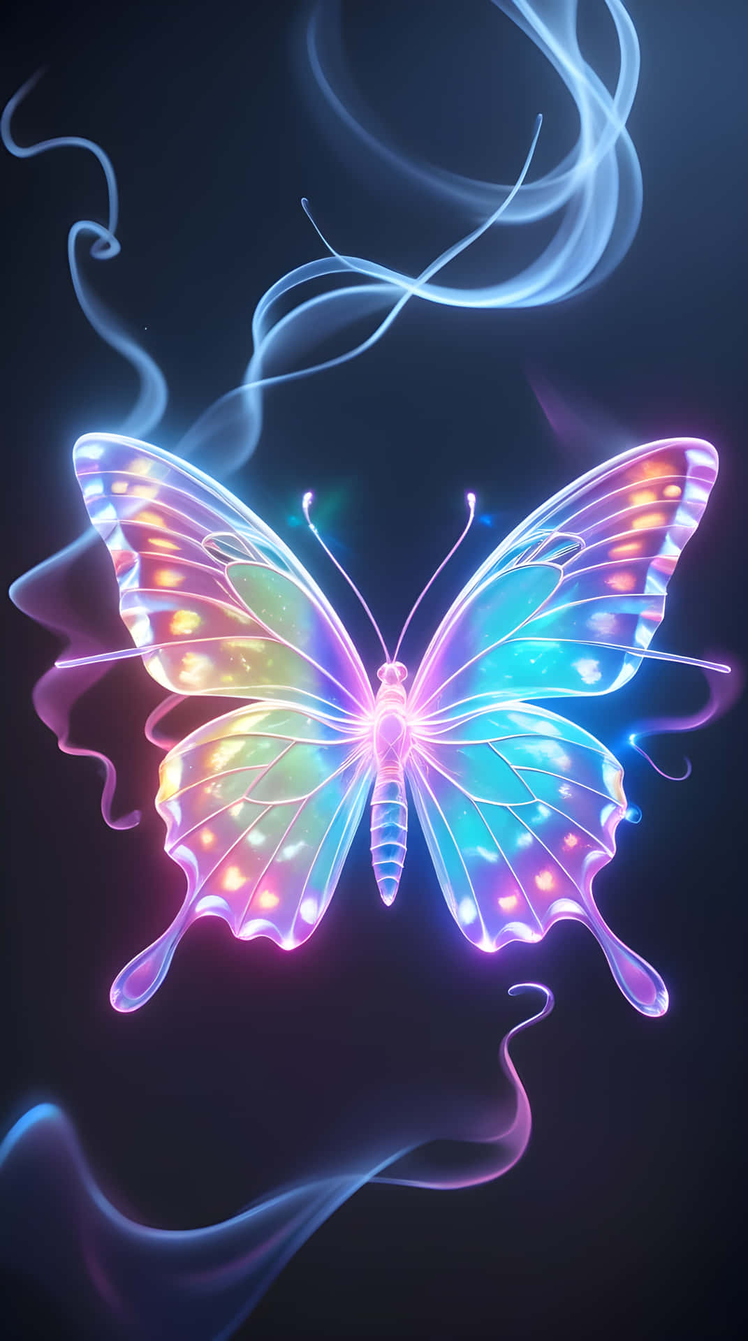 Butterfly flying 壁紙 — 一隻帶有彩虹色翅膀的發光蝴蝶在黑暗背景中發光，周圍環繞著旋轉的霓虹煙霧。