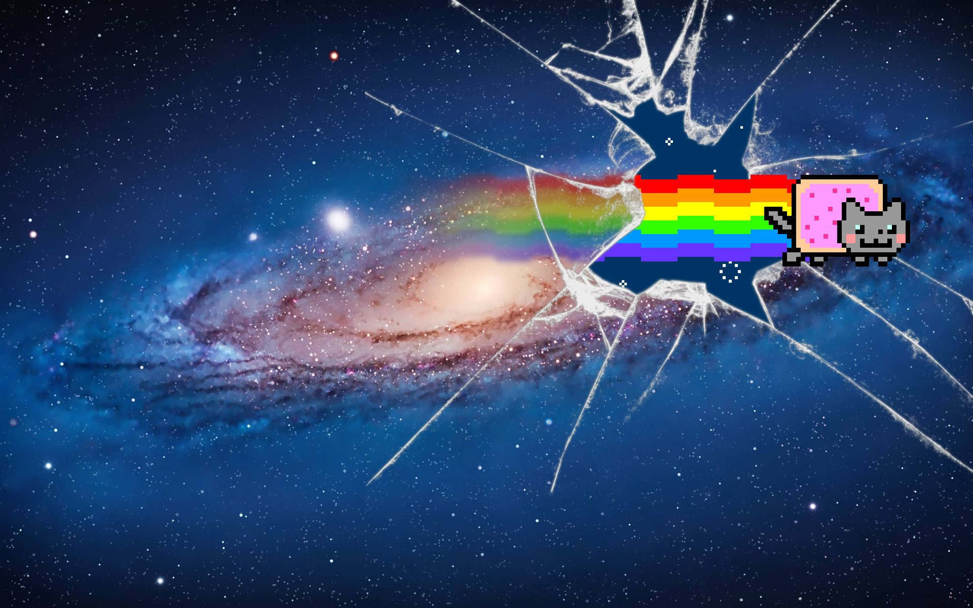 Hipster Galaxy Tumblr 桌布 壁紙 — 一隻帶有彩虹軌跡的像素貓，在旋轉的星系背景下衝破一塊破裂的玻璃。