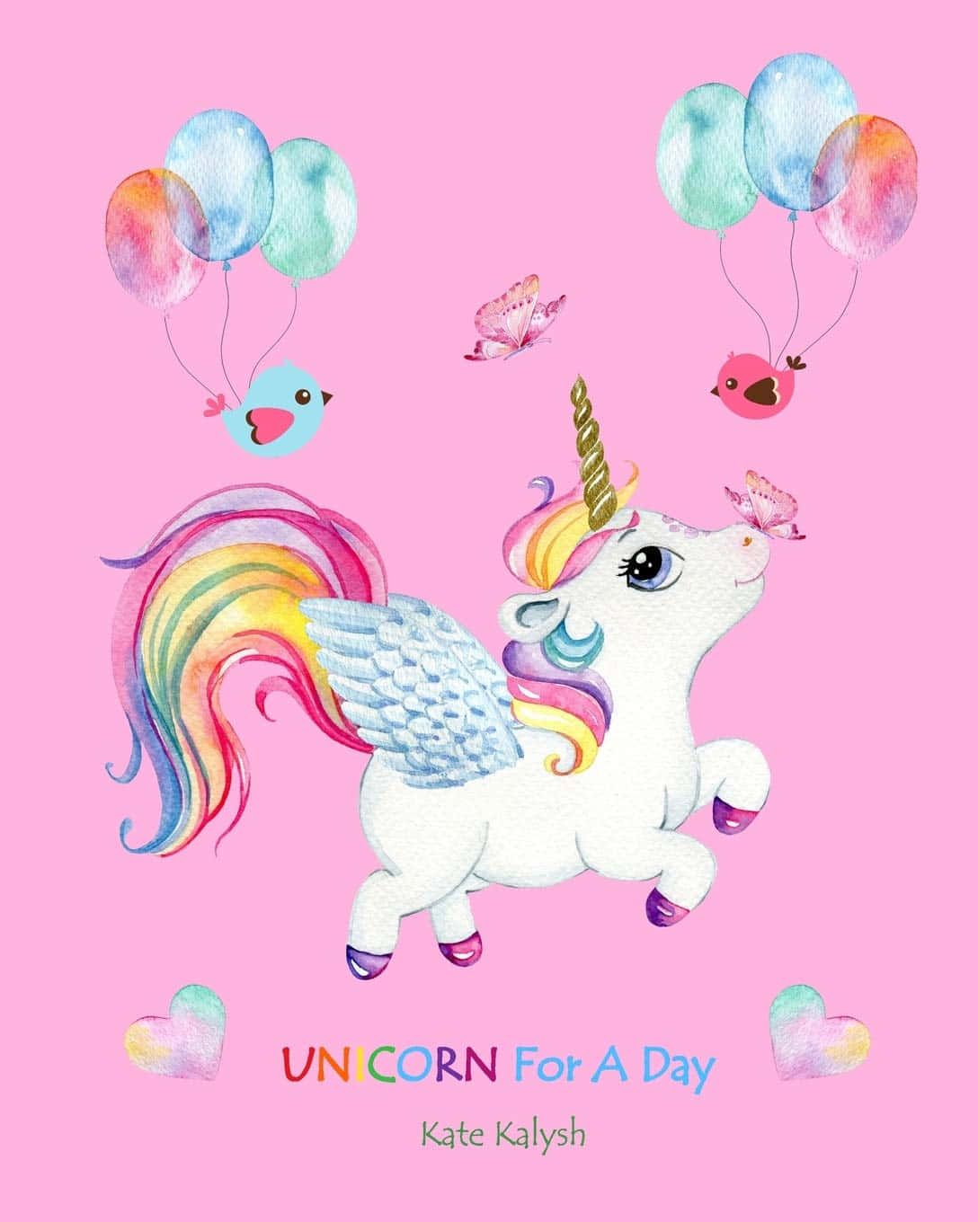 Unicorn Rainbow 桌布 壁紙 — 一隻帶有彩虹鬃毛、尾巴和翅膀的夢幻水彩獨角獸，在柔和的粉紅色背景上，伴隨著漂浮的氣球和小鳥，歡快地跳躍。