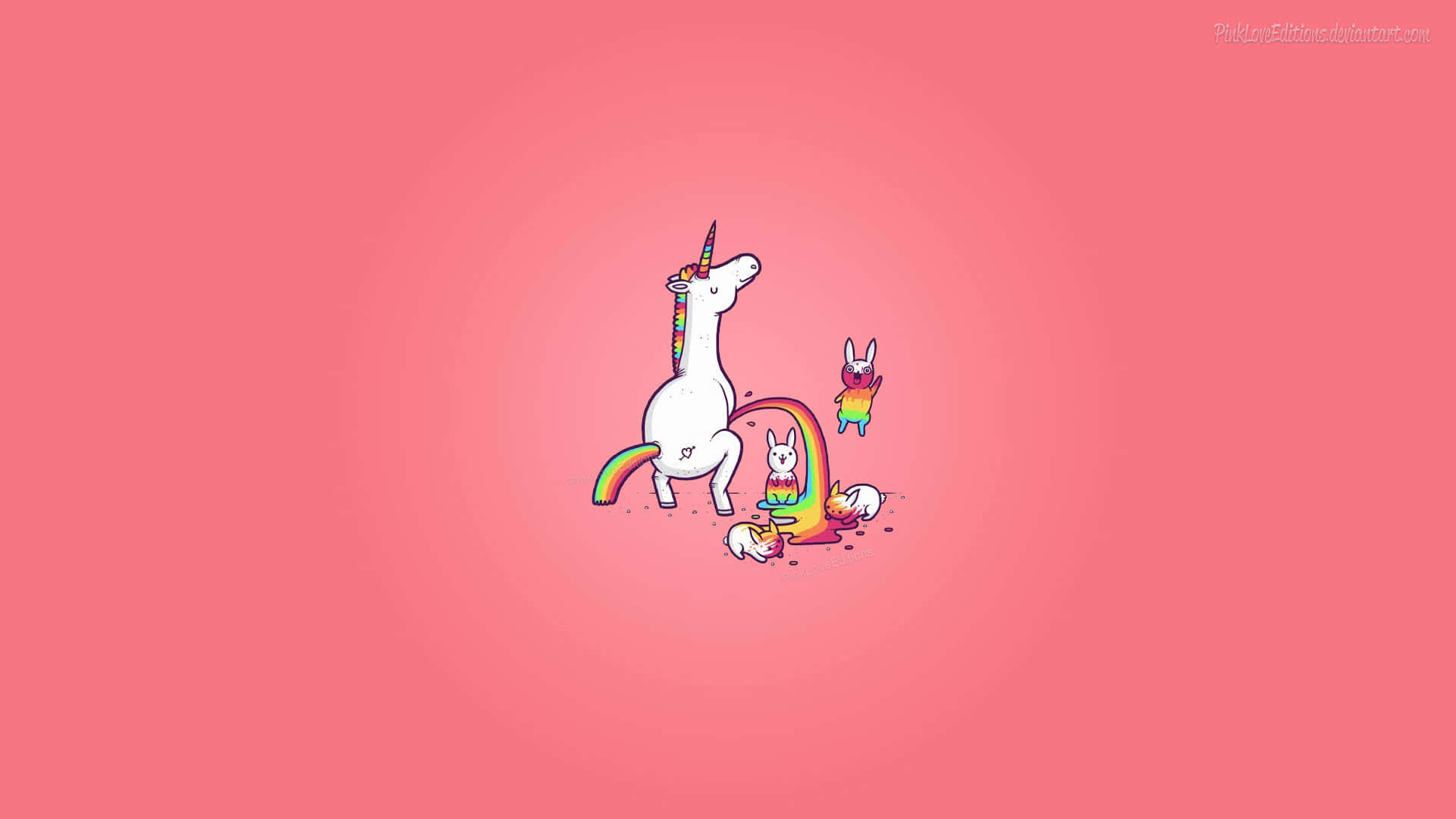 Cartoon Unicorn 桌布 壁紙 — 一隻帶有彩虹鬃毛和尾巴的夢幻白色獨角獸站在粉紅色背景上，周圍環繞著頑皮的小兔子和彩虹飛濺。