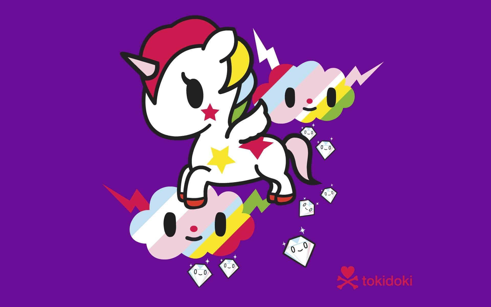 Cartoon Unicorn 桌布 壁紙 — 一隻帶有彩虹鬃毛和星星裝飾的卡通獨角獸，在充滿漂浮雲朵和骰子的鮮豔紫色背景上歡快地跳躍。