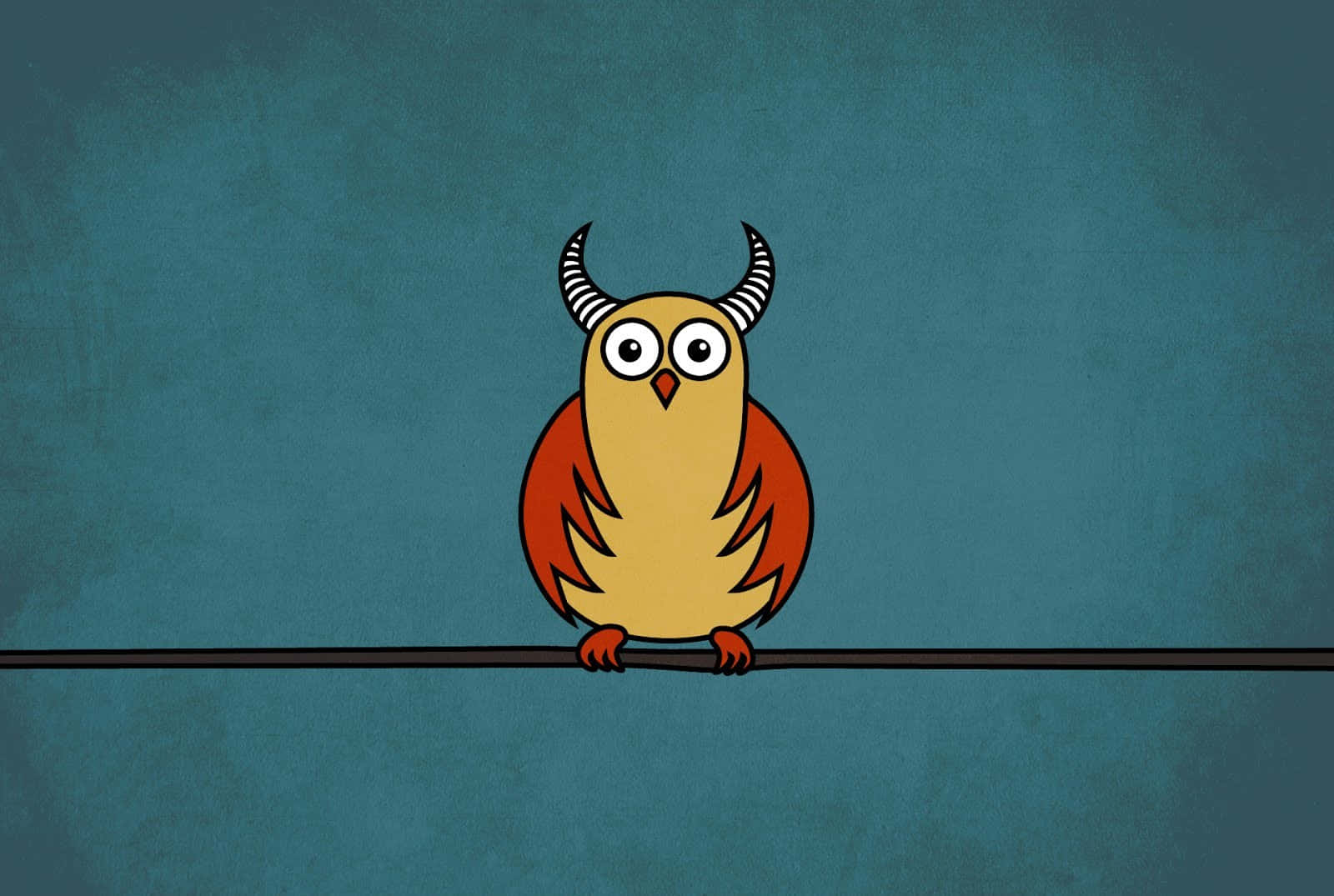 Cool Cartoon 桌布 壁紙 — 一隻帶有惡魔角和火橙色翅膀的卡通貓頭鷹棲息在電線上，背景是帶有紋理的青綠色。