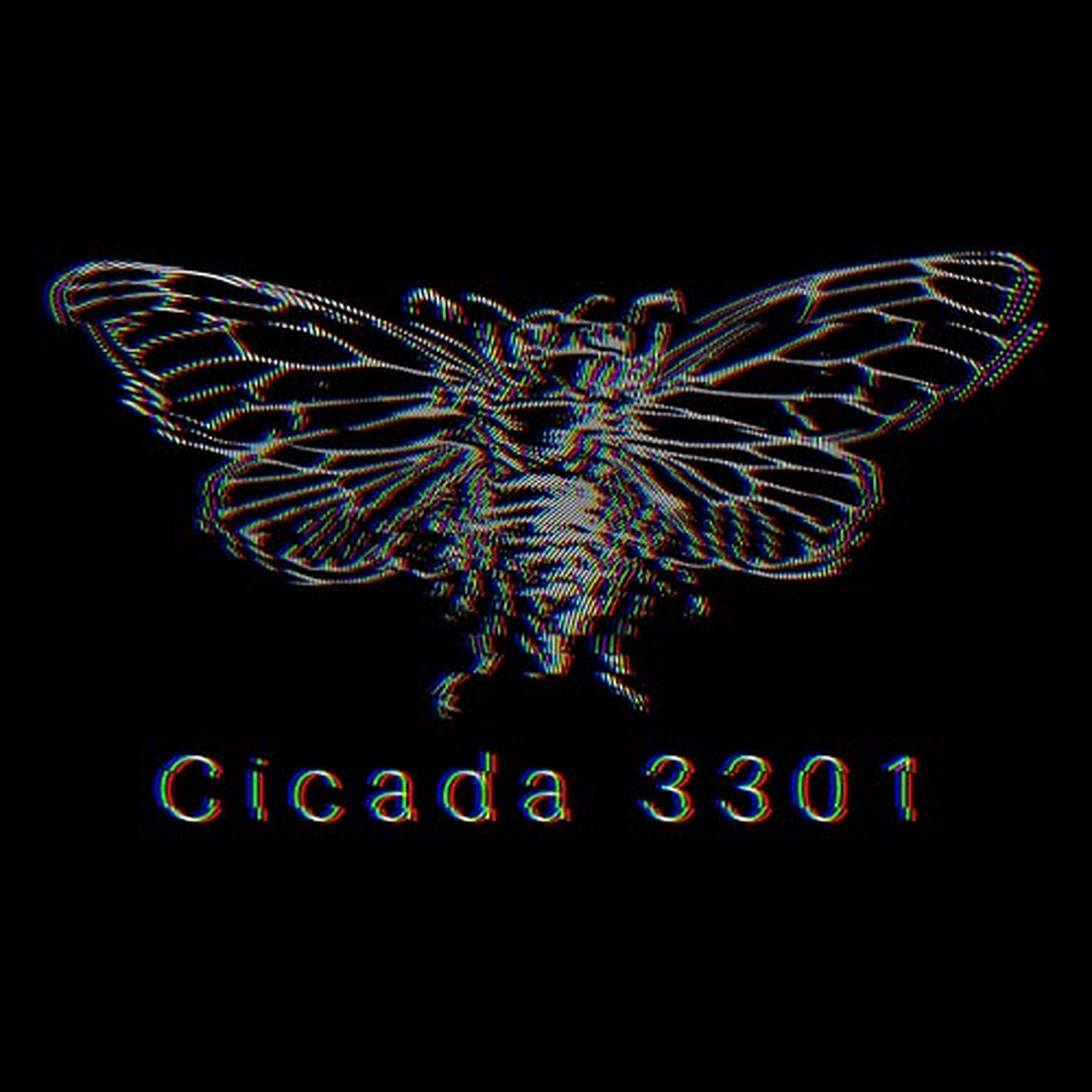 Cicada 桌布 壁紙 — 一隻帶有扭曲翅膀和色差效果的故障藝術蟬，在黑色背景上發光，下方有文字。