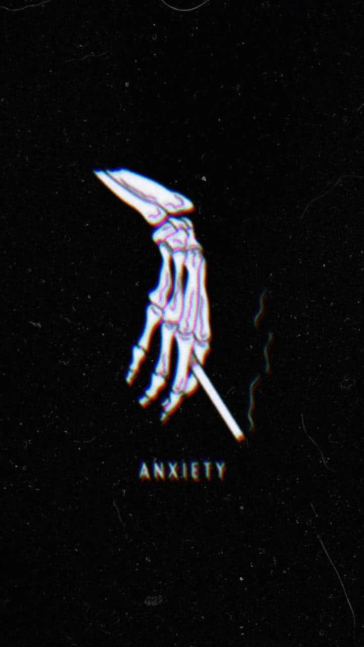 Anxiety iPhone 桌布 壁紙 — 一隻帶有故障效果的骷髏手拿著香煙，背景為黑色，下方有「焦慮」一詞。
