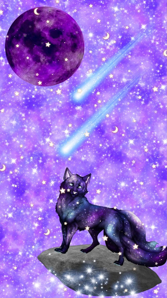 外太空 桌布 壁紙 — 一隻帶有星星圖案的紫色狐狸站在岩石上，下方是發光的月亮和流星，背景是宇宙夜空。