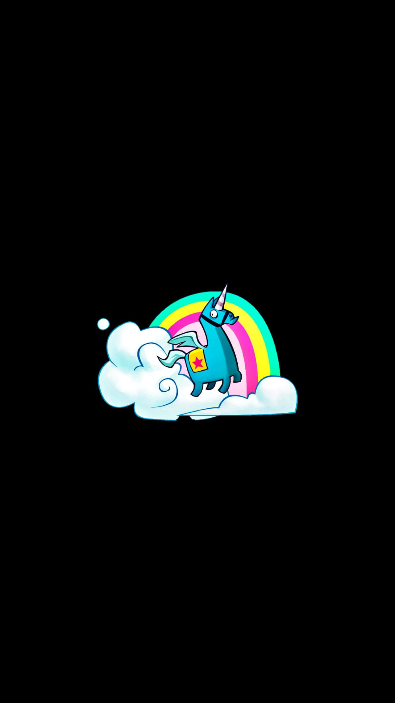 Cute Unicorn 桌布 壁紙 — 一隻帶有星星標誌的卡通獨角獸騎著雲朵飛越彩虹，背景為黑色。