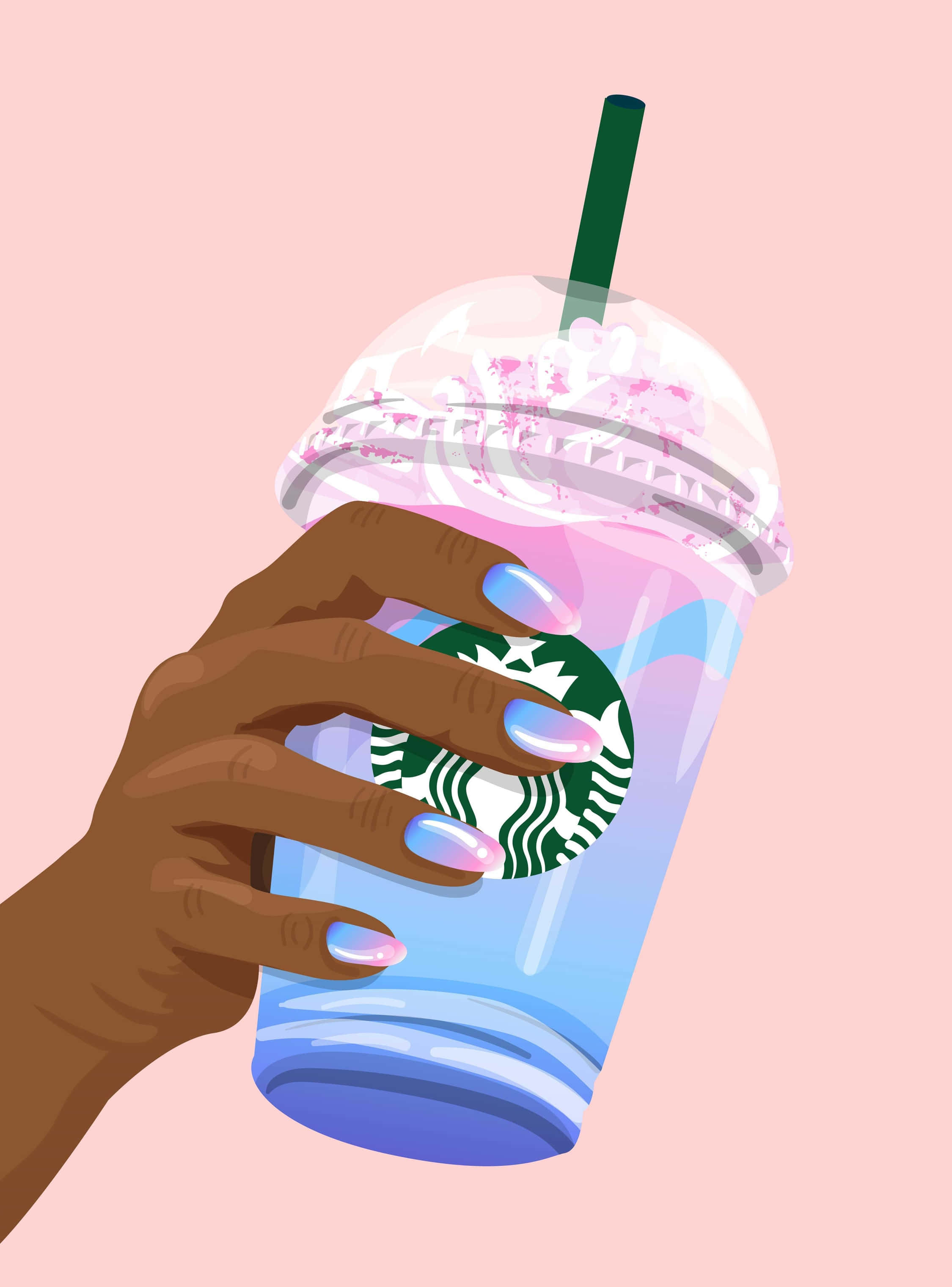 Aesthetic Starbucks 桌布 壁紙 — 一隻帶有柔和色調指甲的手，在柔和的粉紅色背景前，拿著一杯帶有粉紅色奶油的星巴克冰飲。