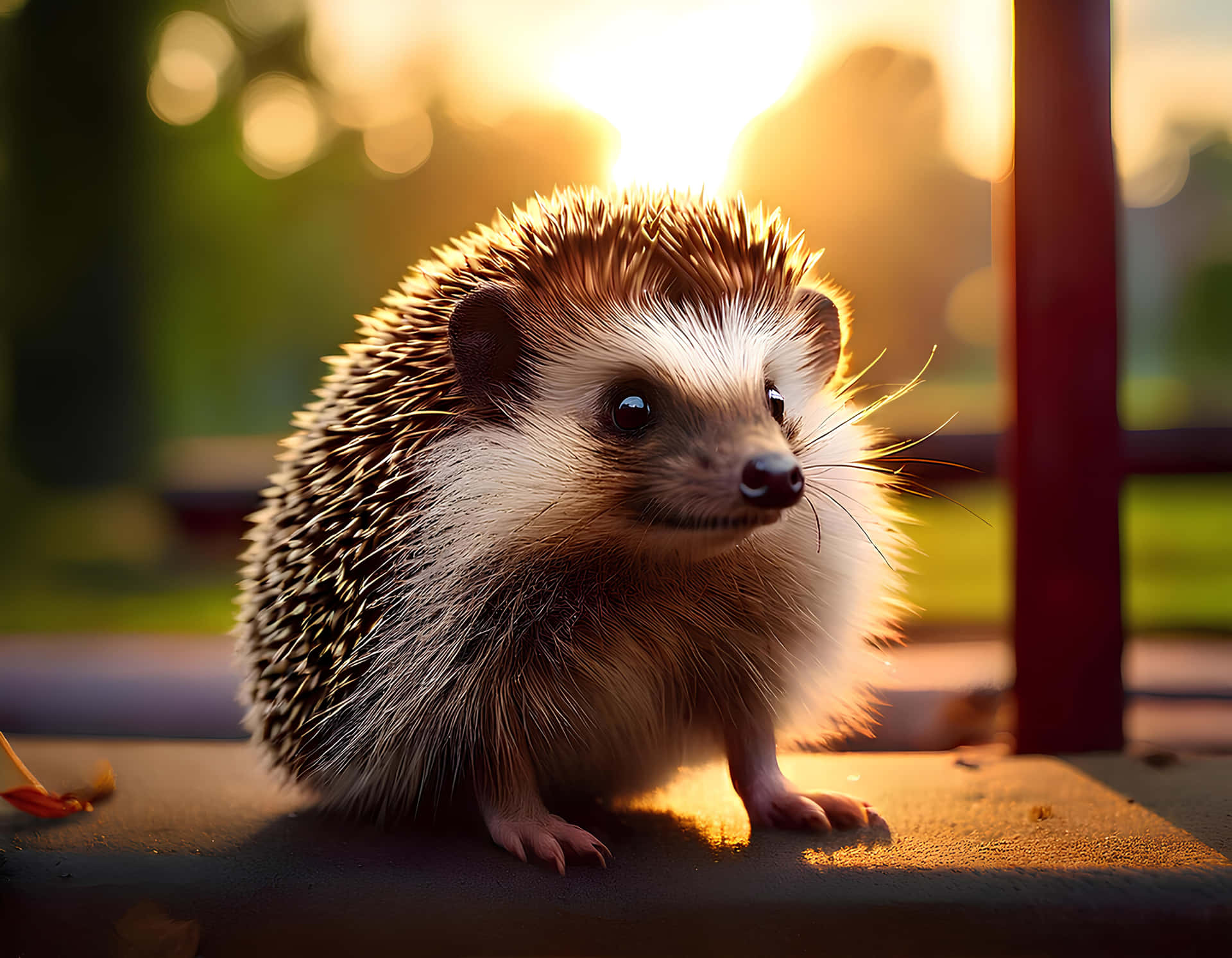 Hedgehog 壁紙 — 一隻帶有棕色和白色刺的小刺蝟坐在沐浴在金色日落光線中的混凝土台階上。