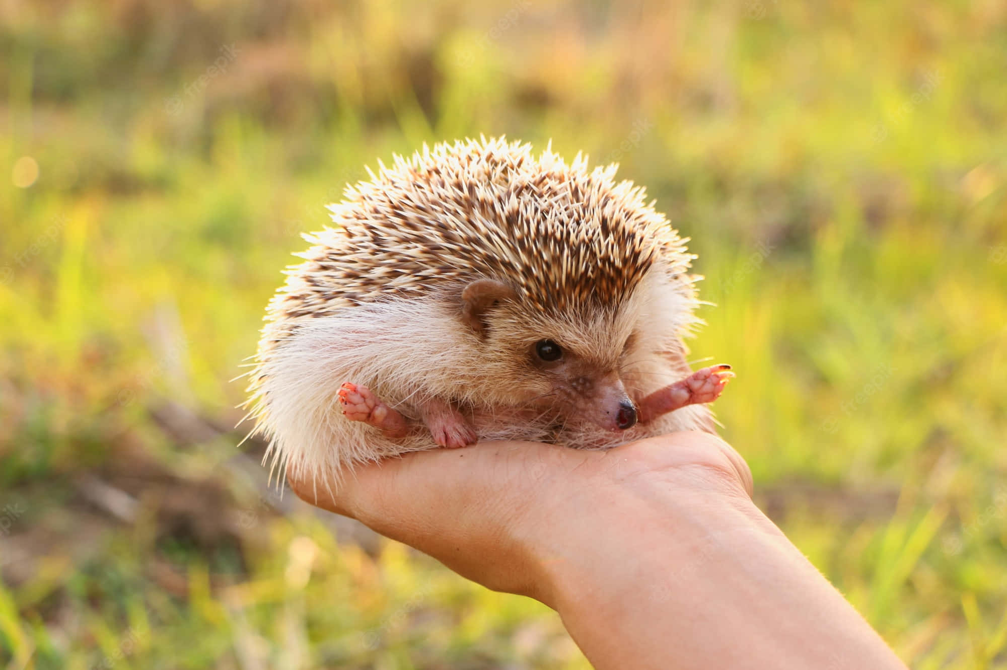 Cute Hedgehog 桌布 壁紙 — 一隻帶有棕色和白色刺的小刺蝟輕輕地躺在一個人張開的手掌上，背景是柔和模糊的綠色草地。