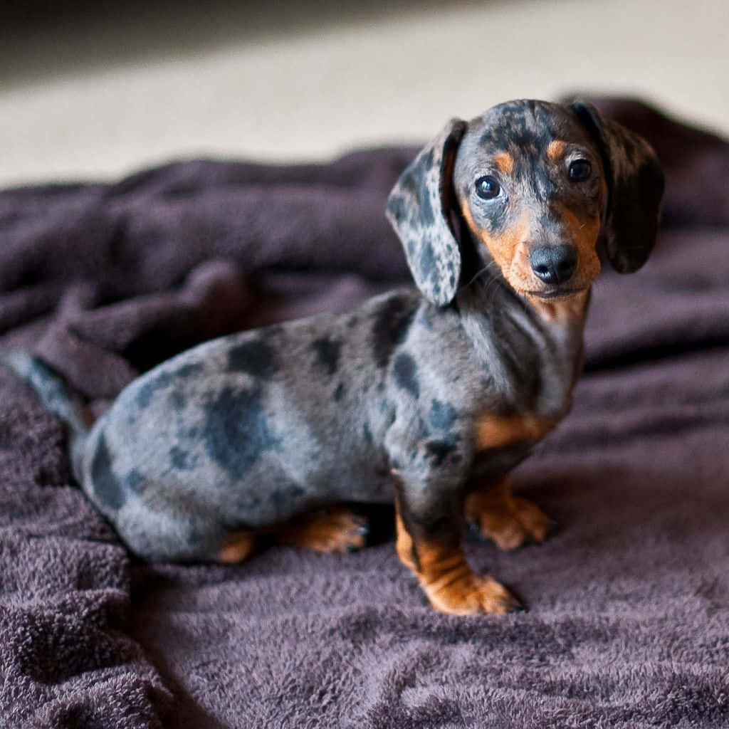 Dachshund Puppy 桌布 壁紙 — 一隻帶有棕褐色斑紋的斑點臘腸犬幼犬警覺地坐在柔軟的深紫色毯子上。