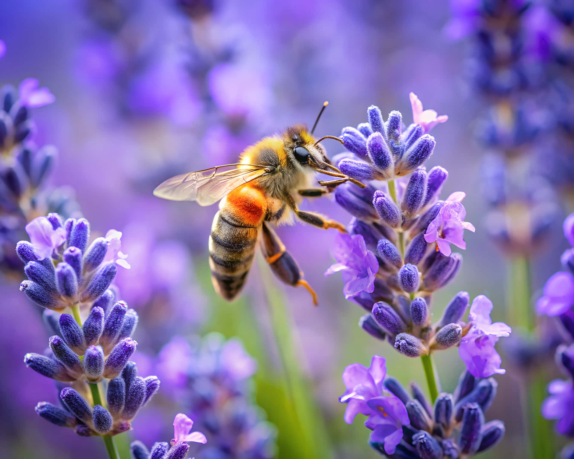 Bee pollinating 壁紙 — 一隻帶有模糊橙色和黑色條紋的蜜蜂在柔和焦點中盤旋在充滿活力的紫色薰衣草花朵附近。
