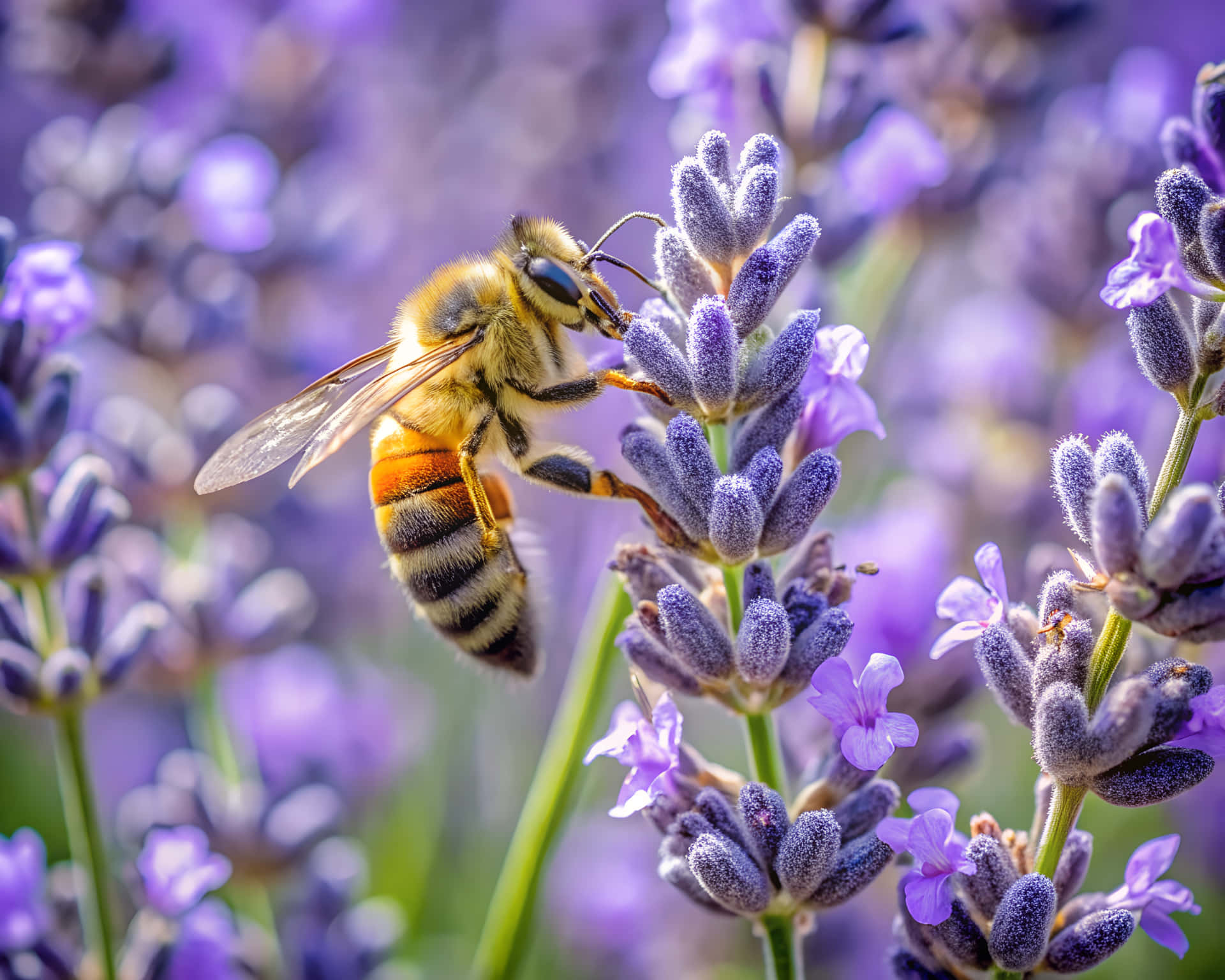 Bee sucking pollen 壁紙 — 一隻帶有模糊黃黑條紋的蜜蜂降落在柔焦的紫色薰衣草花穗上。