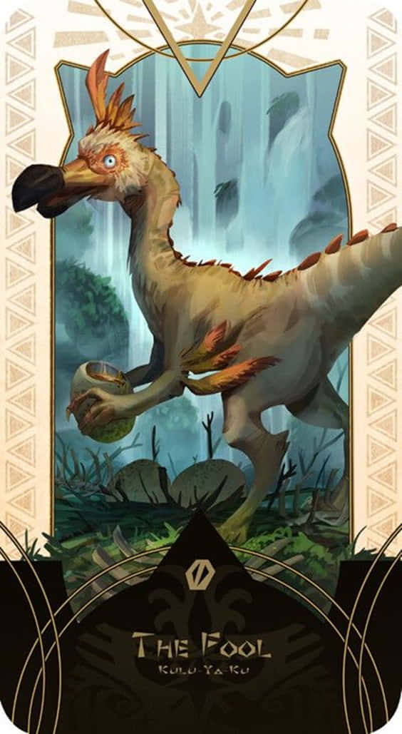iPhone Xs Monster Hunter World 桌布 壁紙 — 一隻帶有橙色冠和黑色喙的奇幻羽毛恐龍，在神秘森林中手持發光球體，周圍環繞著華麗的金色邊框。