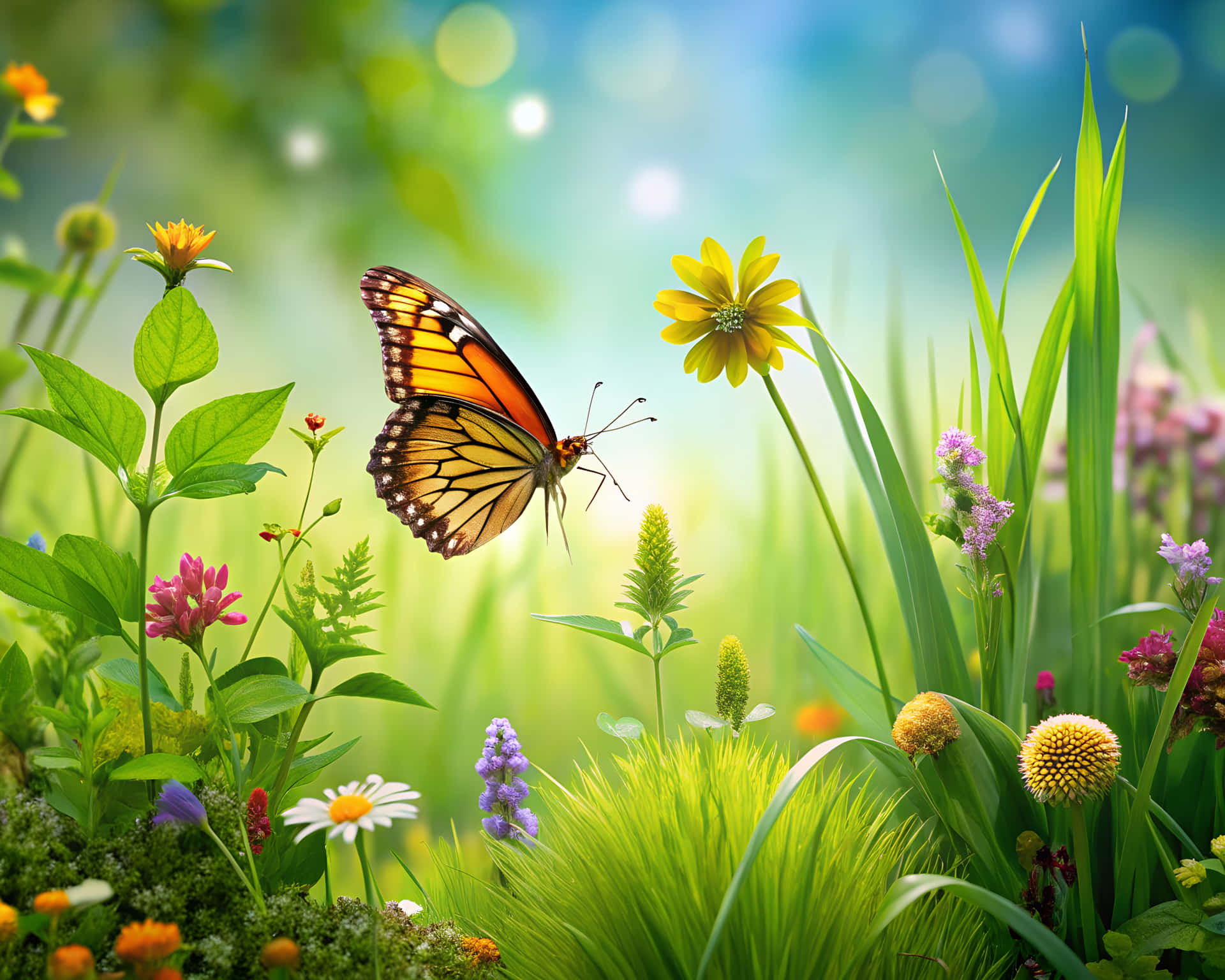 Butterfly in nature 壁紙 — 一隻帶有橙色和黑色翅膀的帝王蝶在陽光明媚的草地上，靠近一朵黃色花朵，周圍有綠草和色彩繽紛的花朵。