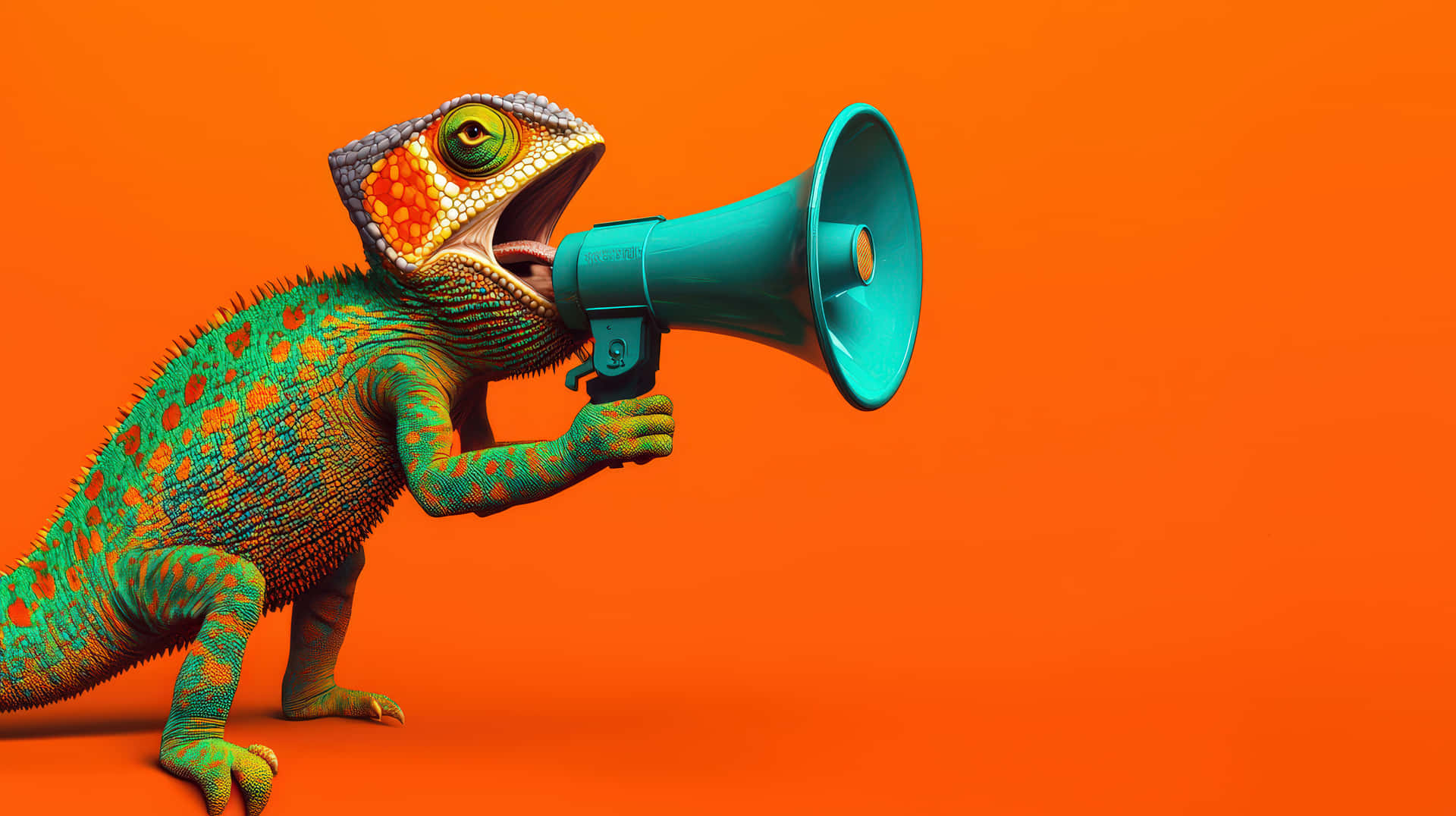 Colorful Chameleon Holding a Megaphone on Vibrant Orange Background 壁紙 — 一隻帶有橙色斑點的鮮綠色變色龍，在純橙色背景上拿著一個青綠色擴音器。