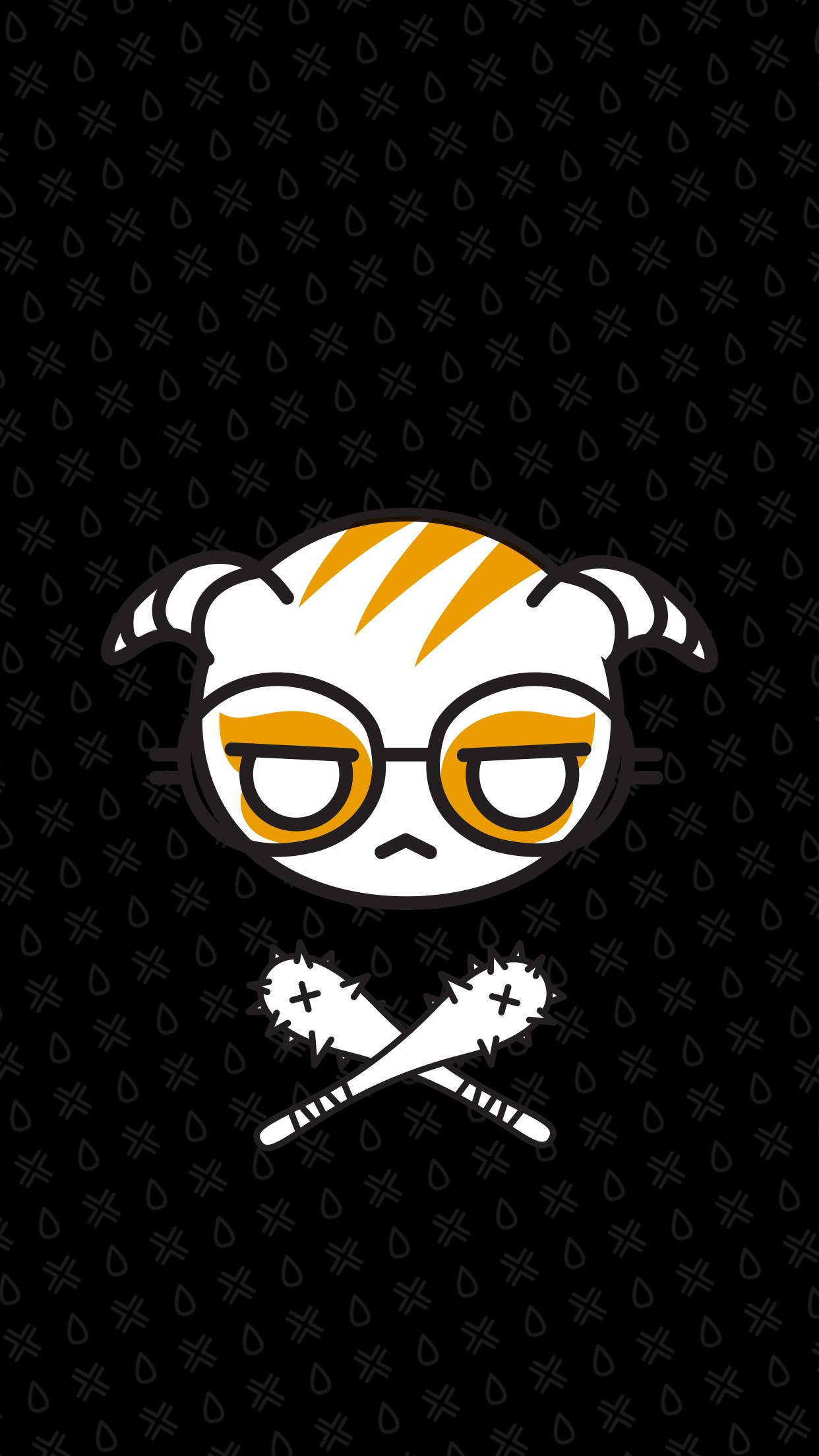 dokkaebi rainbow six siege 桌布 壁紙 — 一隻帶有橙色條紋和眼鏡的卡通貓咪在黑色背景上顯得無聊，背景有標籤和淚滴圖案。