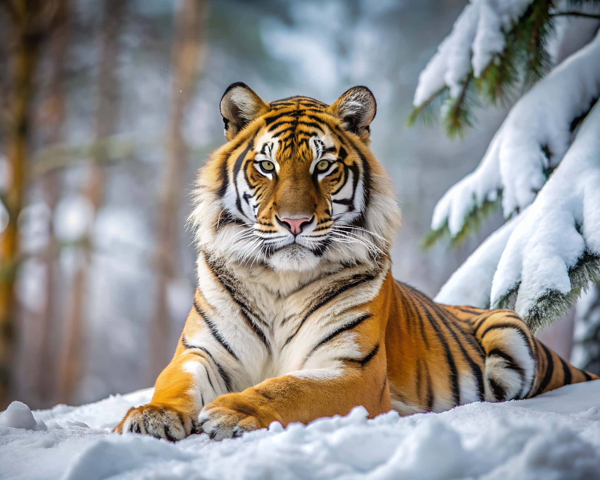 Tiger in the snow 壁紙 — 一隻帶有橙色條紋的威猛老虎在深雪中休息，旁邊是積雪的松樹枝。