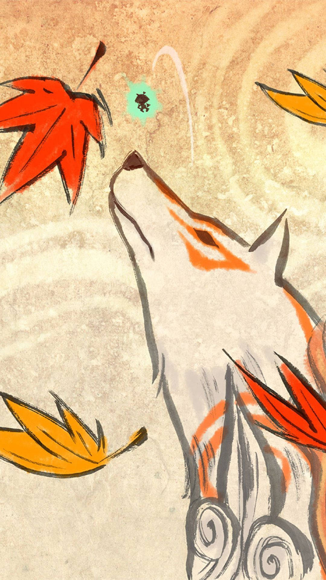 Okami 桌布 壁紙 — 一隻帶有橙色標記的風格化狐狸向上嚎叫，秋葉在它周圍旋轉，背景是帶紋理的米色。
