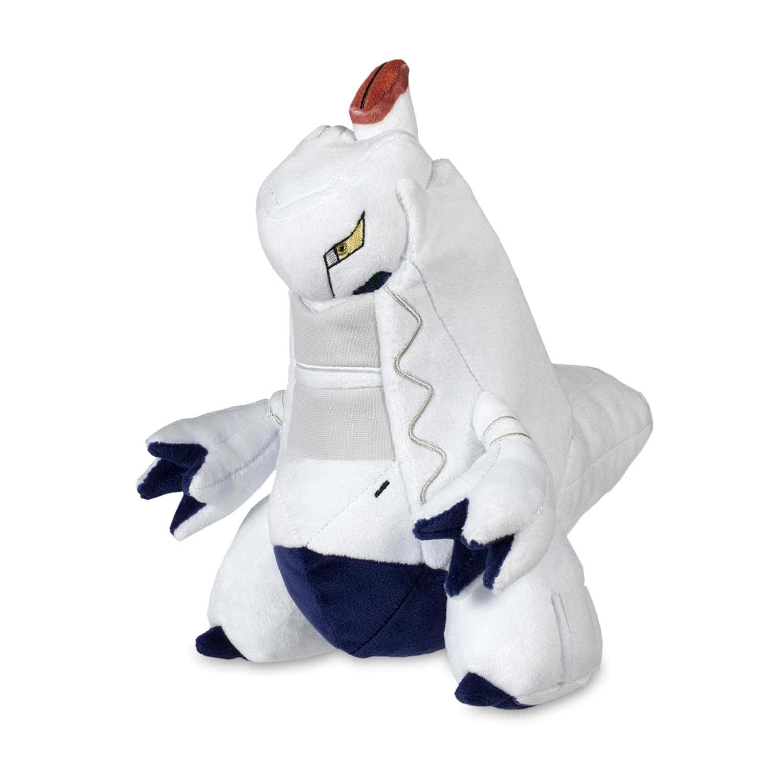 電玩遊戲 桌布 壁紙 — 一隻帶有海軍藍色點綴和紅色角的白色 Pokémon 烈咬陸鯊毛絨玩具，放在純白色背景前。