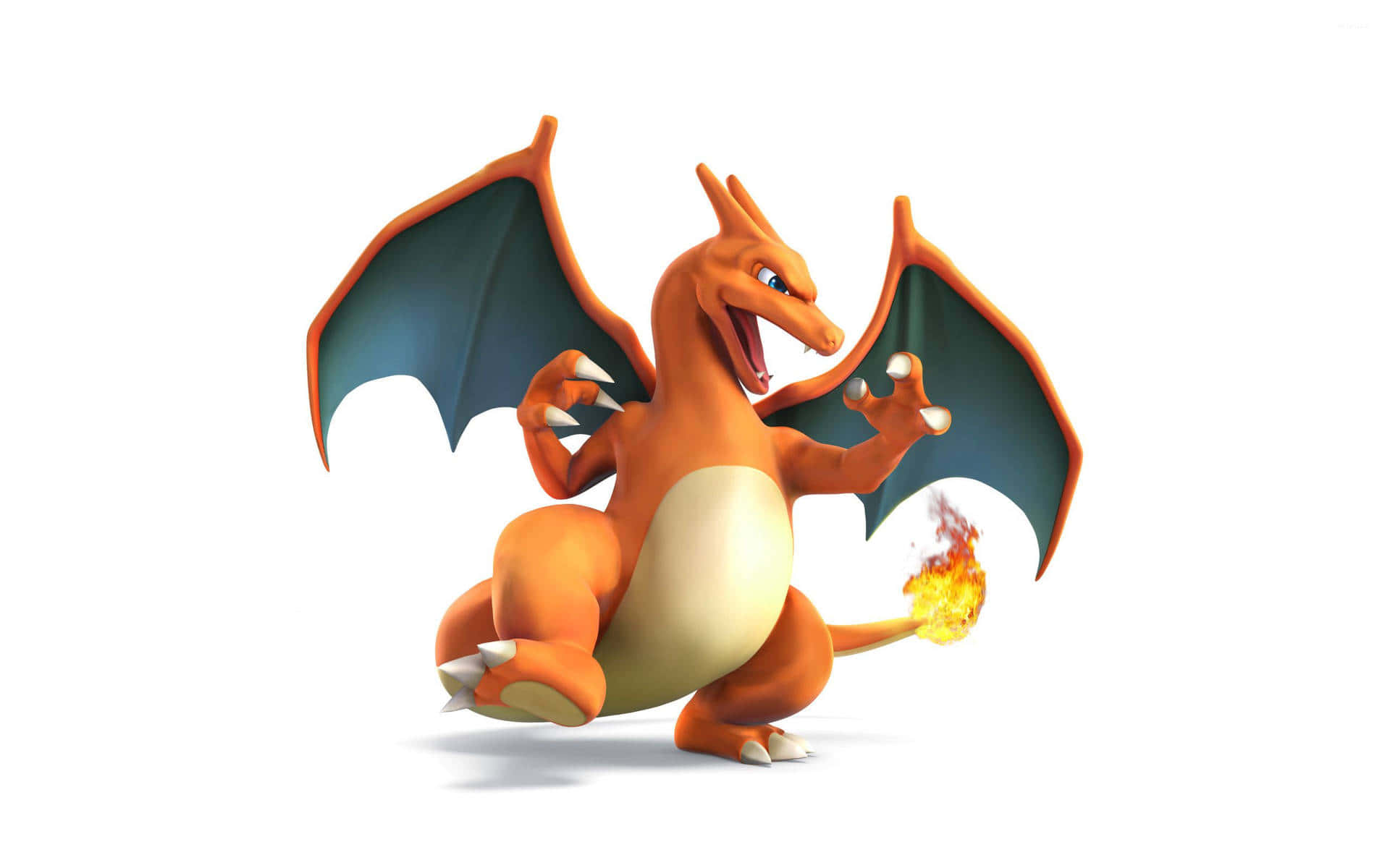 Pokemon Charizard 桌布 壁紙 — 一隻帶有深藍色翅膀的火橙色龍在純白色背景上咆哮，火焰從其尾巴噴出。