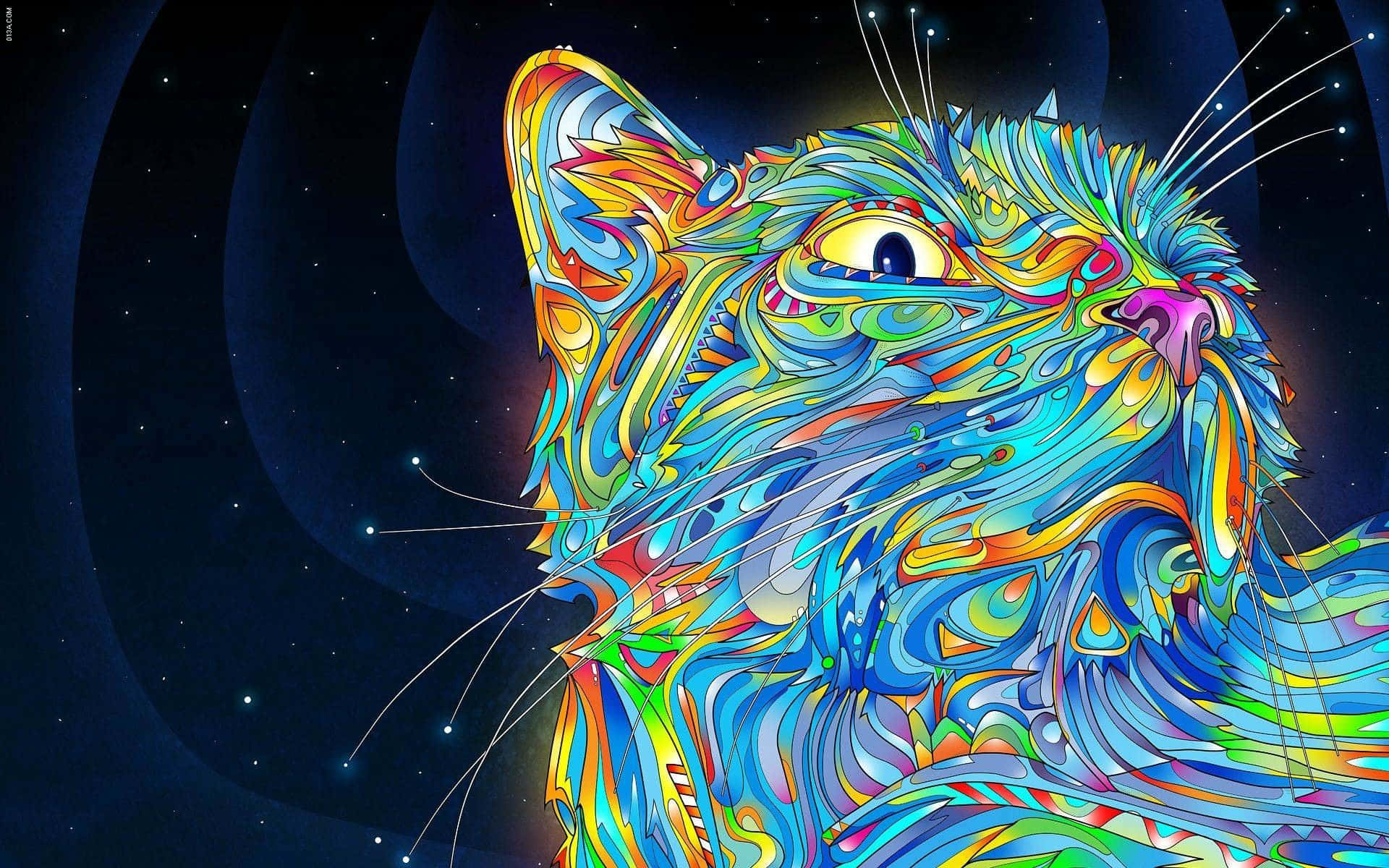 Trippy Animals 桌布 壁紙 — 一隻帶有漩渦彩虹圖案的迷幻貓咪，在星空宇宙背景下向上凝視。