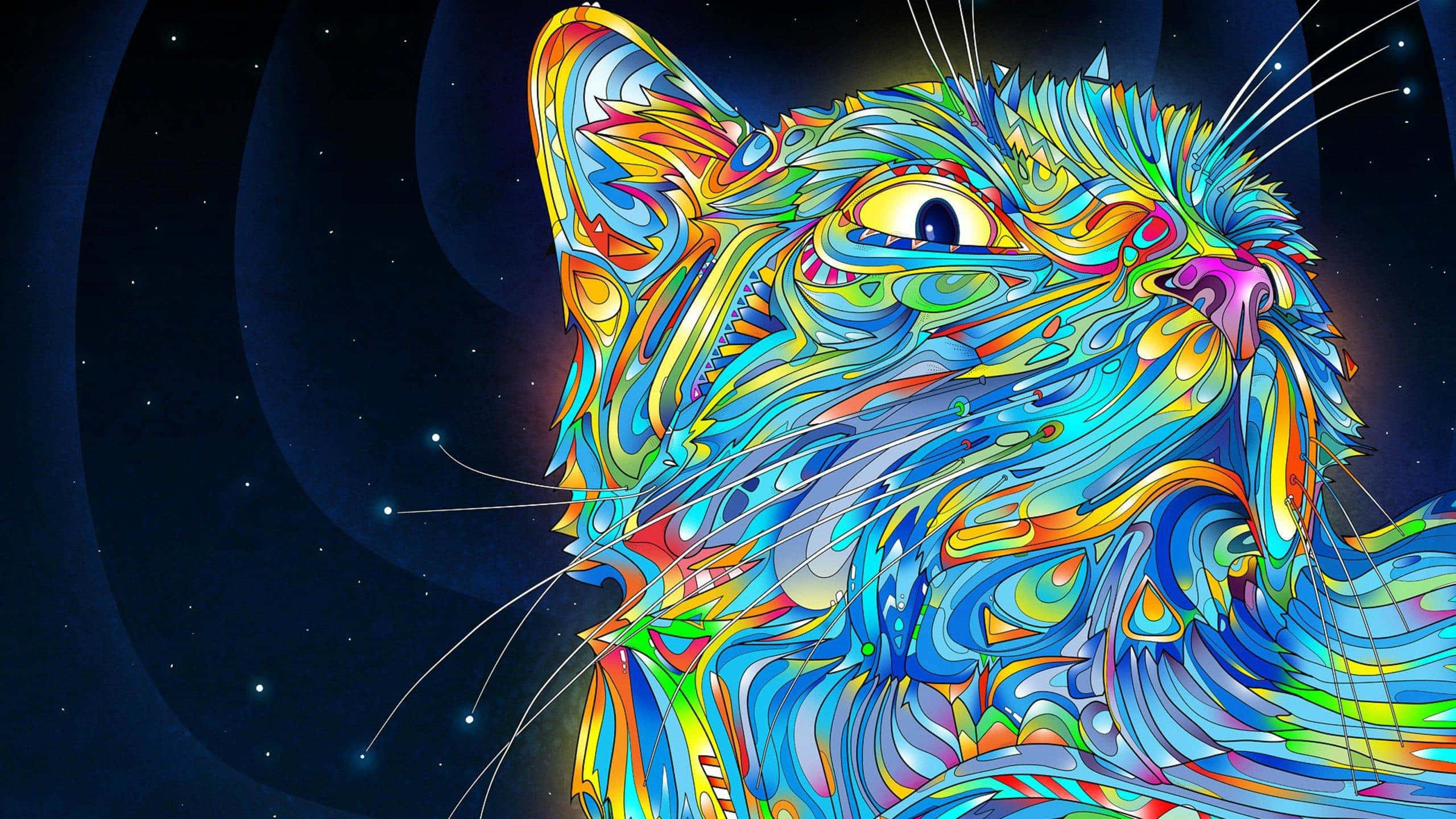 Trippy Galaxy 桌布 壁紙 — 一隻帶有漩渦彩虹圖案的迷幻貓咪，在星光宇宙背景下向上凝視。