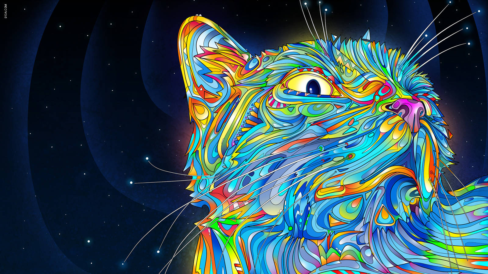Trippy Aesthetic 桌布 壁紙 — 一隻帶有漩渦彩虹圖案的迷幻貓咪，在星光宇宙背景下向上凝視。